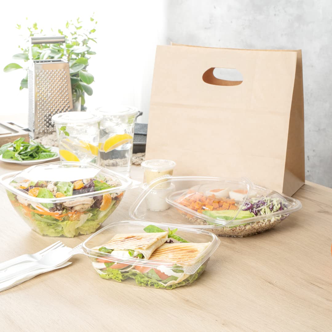 Thermo Tek - Contenedores de comida delicatessen de 24 onzas, 100 recipientes con tapa con bisagras antivaho, congelables, rectangulares, de plástico transparente, desechables Restaurantware
