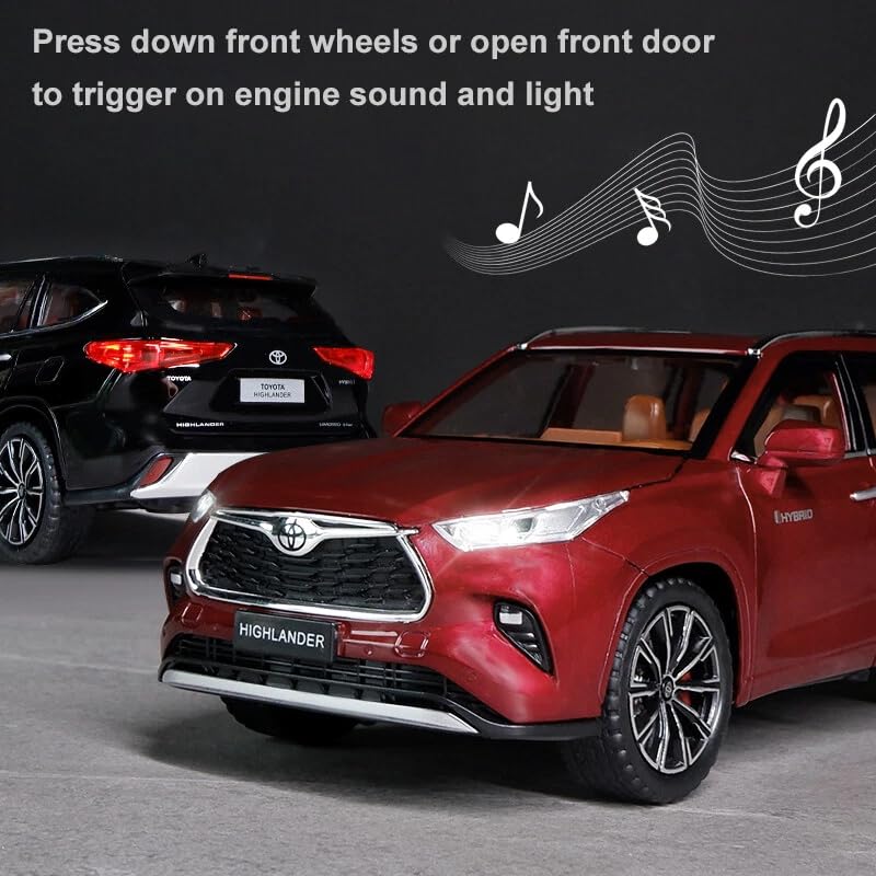 Image of 1:24 Toyota Highlander SUV Model Car - Alloy Diecast Pull Back Toy with Sound, Light & Openable Doors - Gift for Kids Boys Girls (RED)