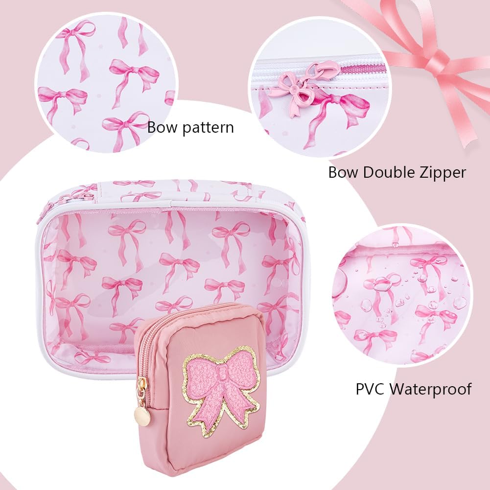Pink Bow Patch Clear Makeup Bag with Cute Emergency Period Bag, Clear Cosmetic Pouch PVC Organizer Purse, Portable Waterproof Toiletry Pouches for Women Travel Storage Valentine's Day Gift image 3
