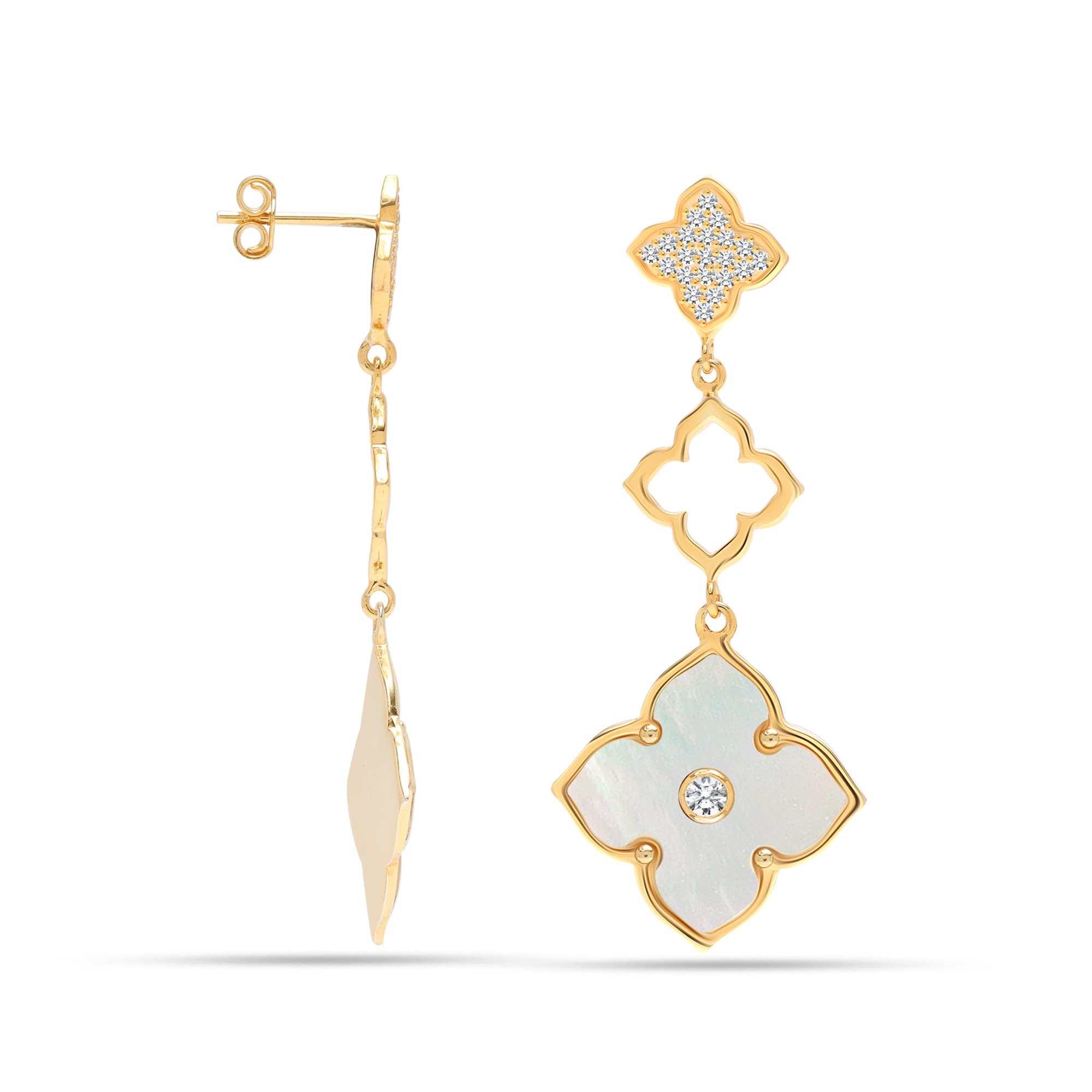 LeCalla 925 Sterling Silver BIS Hallmarked Gold Plated Mother of Pearl with CZ Three Clover Flower Drop Dangle Earrings for Women and Girls (B0BSL5DRSN) Amazon Price History, Amazon Price Tracker