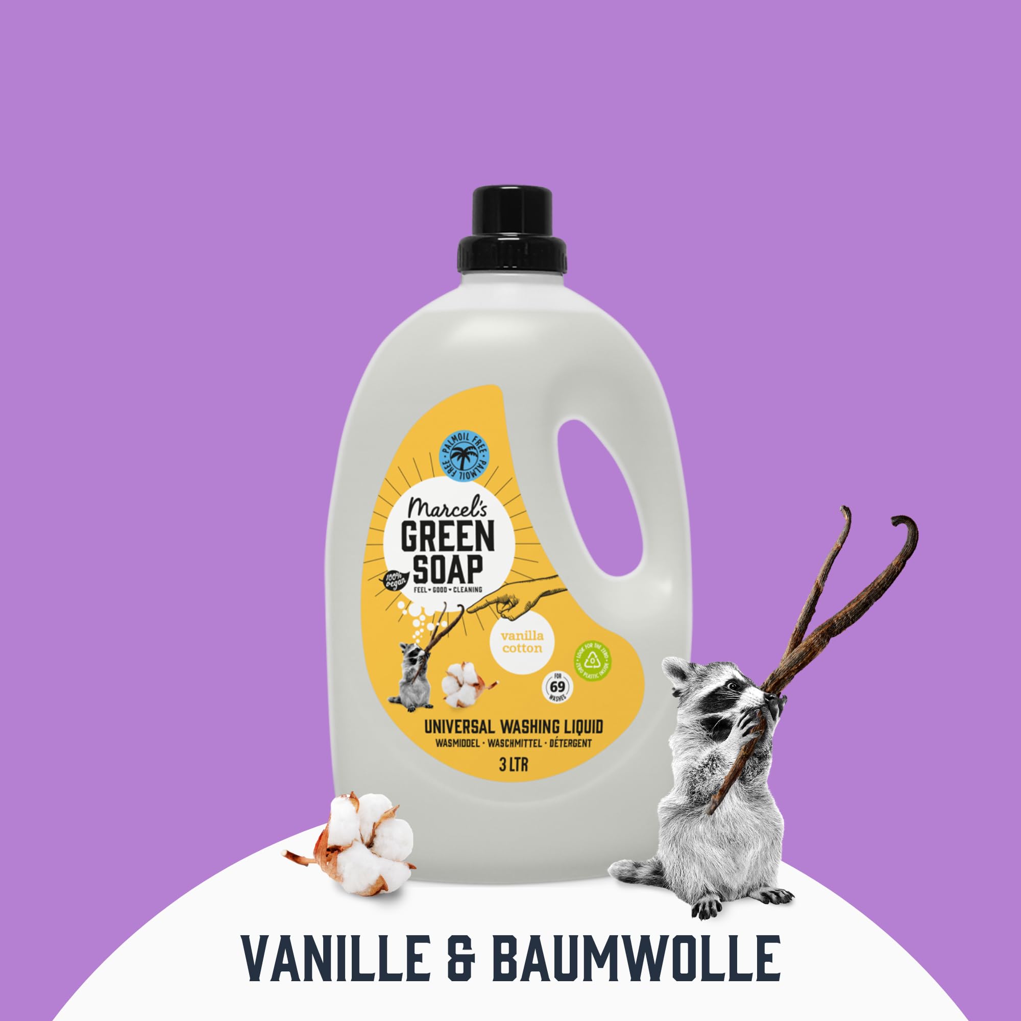 Marcel's Green Soap Universalwaschmittel Vanille & Baumwolle - Vorteilspack - Weiße und bunte Wäsche - Vegan - Mikroplastikfreie Formel - 100% recycelte Plastikflasche - 276 Waschgänge - 3L (4er Pack)