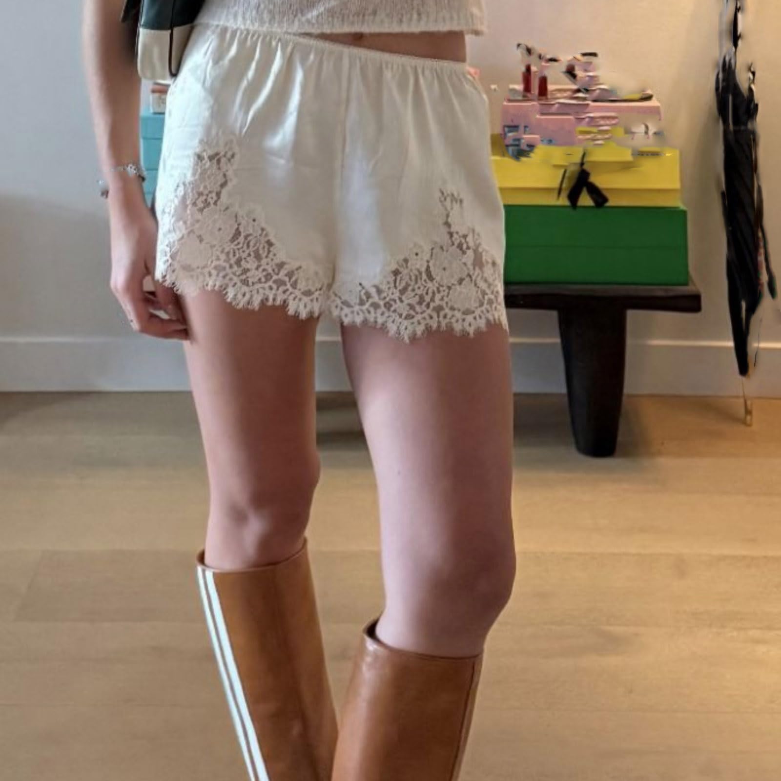 Yoisdtxc Boxer da donna in raso di seta Y2k con finiture in pizzo micro mini pigiama, slip a vita bassa