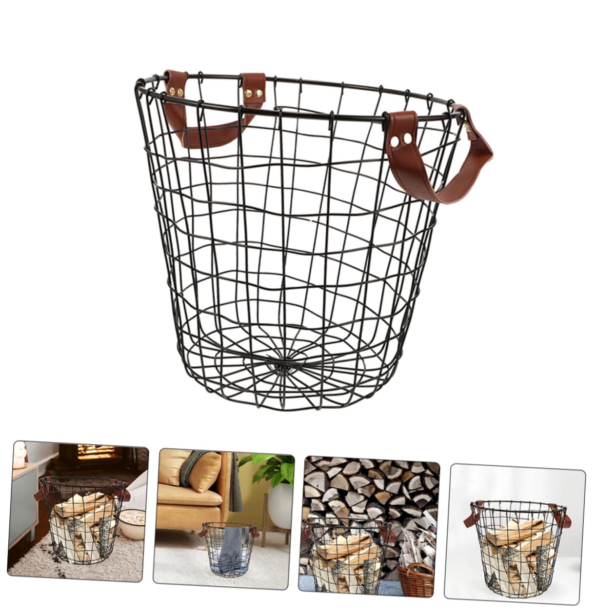 Cesto in Ferro Rustico per Legna con Grande Capacità, Resistente e Versatile, per Uso All'aperto in Cucina, Forma Rotonda Stile Fattoria