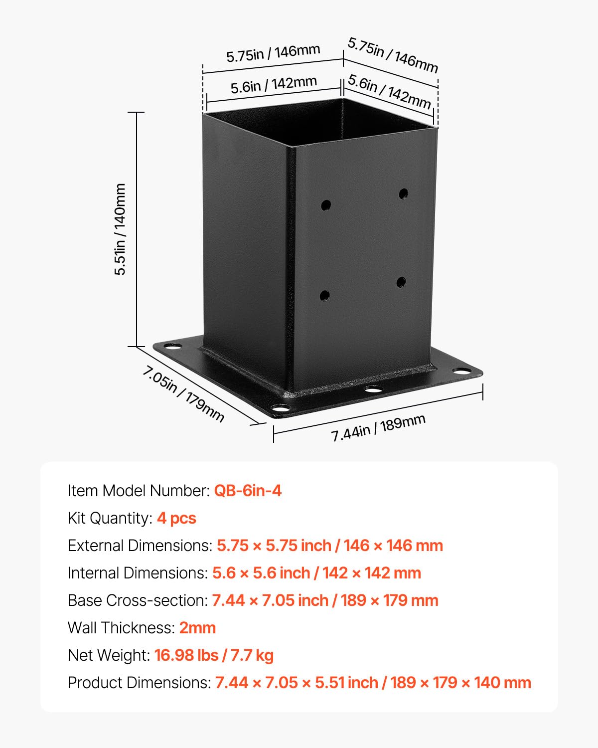 VEVOR Base para Postes de Madera 146 x 146 mm Tamaño Interior 142 x 142 mm 4 Piezas Soportes de Acero al Carbono para Postes Espesor de 2 mm para Instalaciones Fijas de Pérgolas, Barandillas, Negro