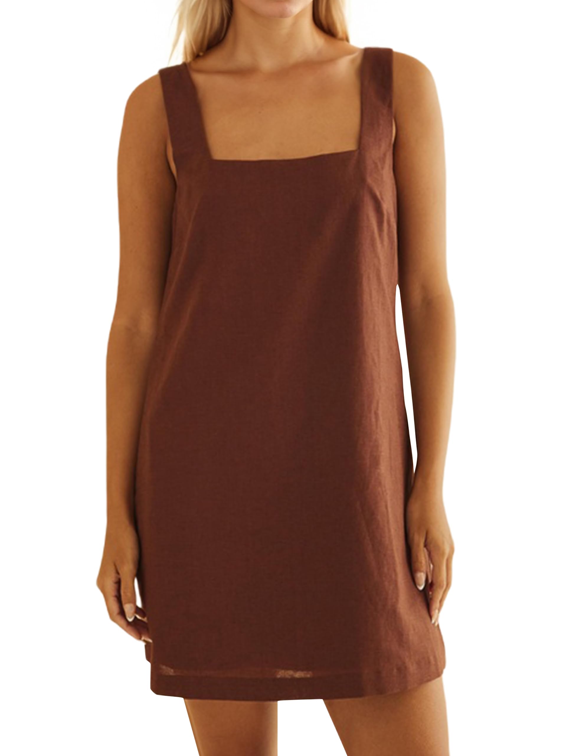 Photo 1 of Ceputer Summer Linen Mini Dress for Women Sleeveless Square Neck Tank Shift Dresses Causal Backless Solid Short Sundress Brown Size Small
