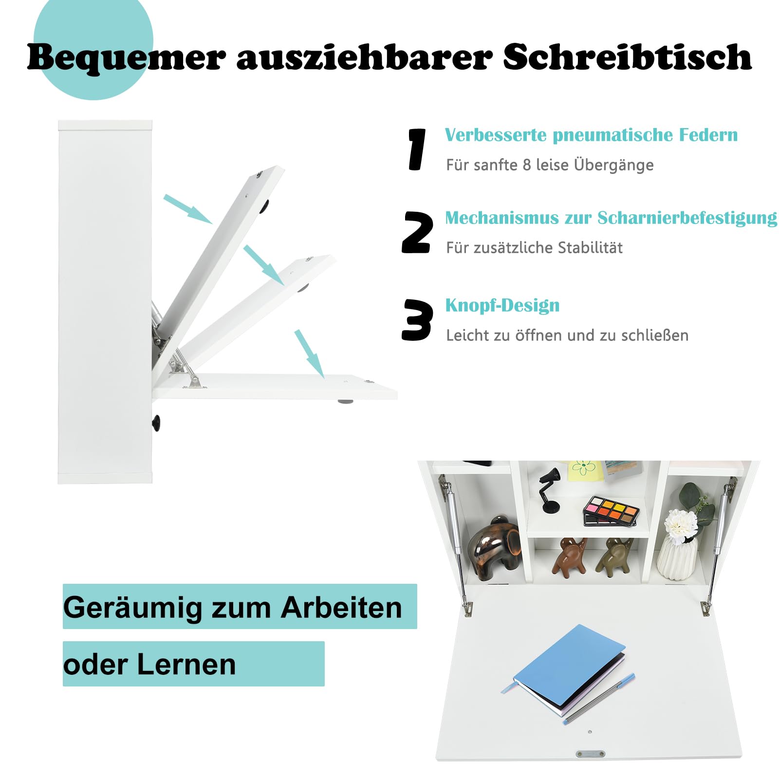COSTWAY Wandklapptisch, Wandtisch mit Ablagefächern & Schublade, Klapptisch, klappbarer Computertisch, Schreibtisch für kleine Räume & Home Office (Weiß)