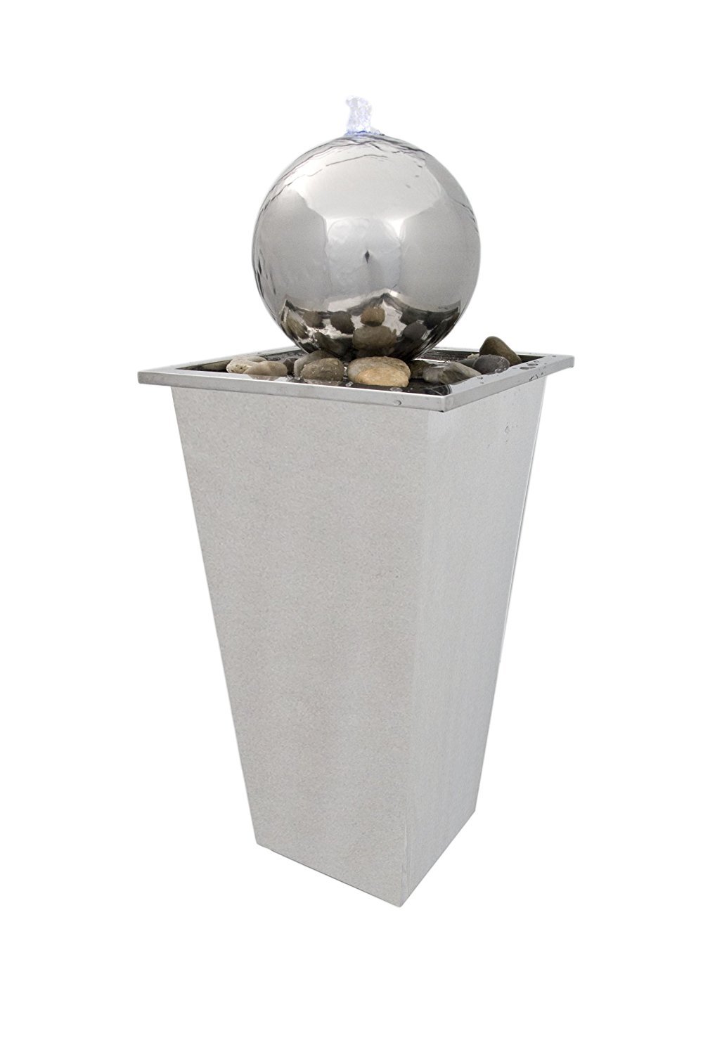 Primrose Silver 83Cm Tapered Stainless Square Fountain Column Planter Water Feature With Sphere And Led Lights