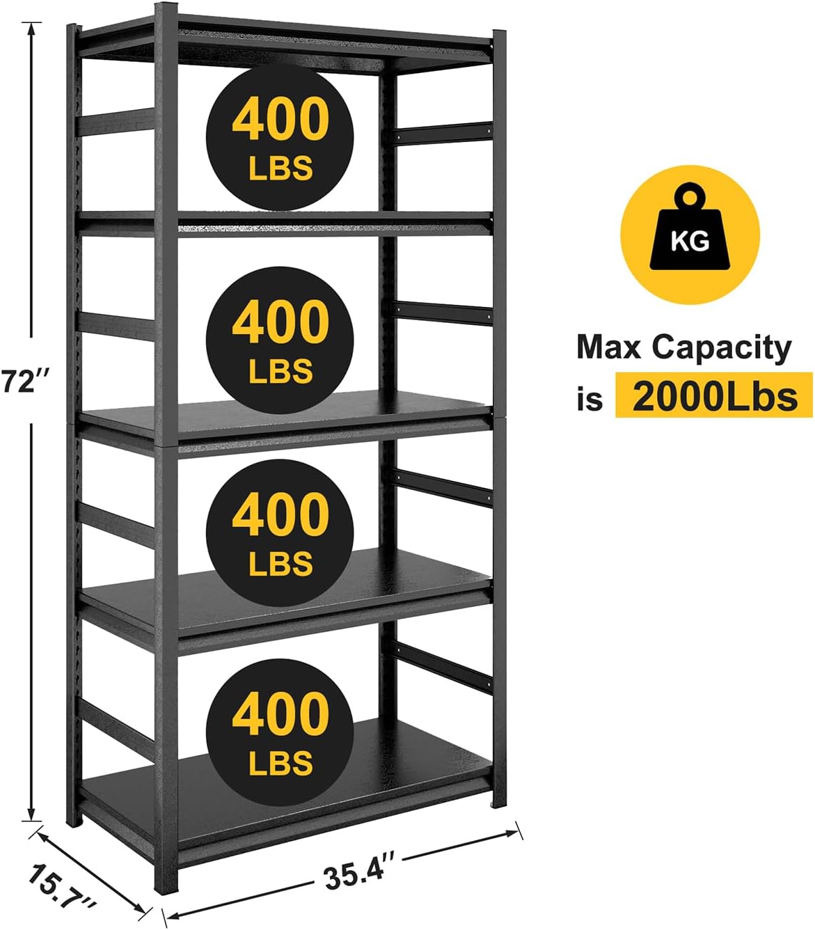 Storage Shelves 5 Tier Heavy Duty Black Metal Shelving Unit Adjustable Shelving Units and Storage Rack Kitchen Garage Shelf H72 x W35.4 x D15.7