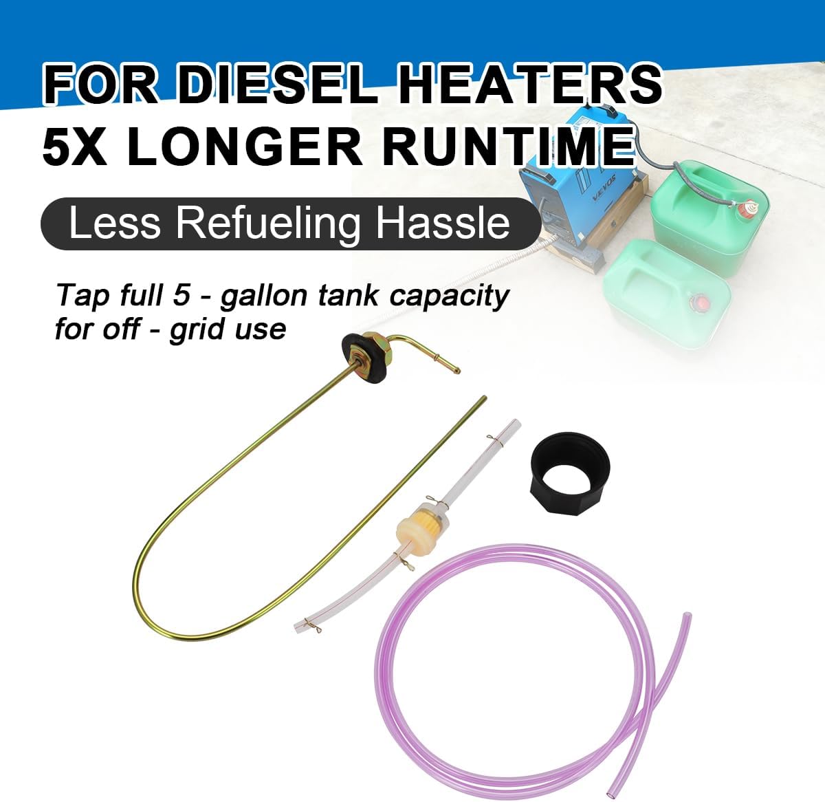 For Diesel Heaters, Extra Capacity Fuel Tank Standpipe Kit, All-Metal Rust-Proof Cap with 36" Tubing & Filter, Extend Runtime 5X