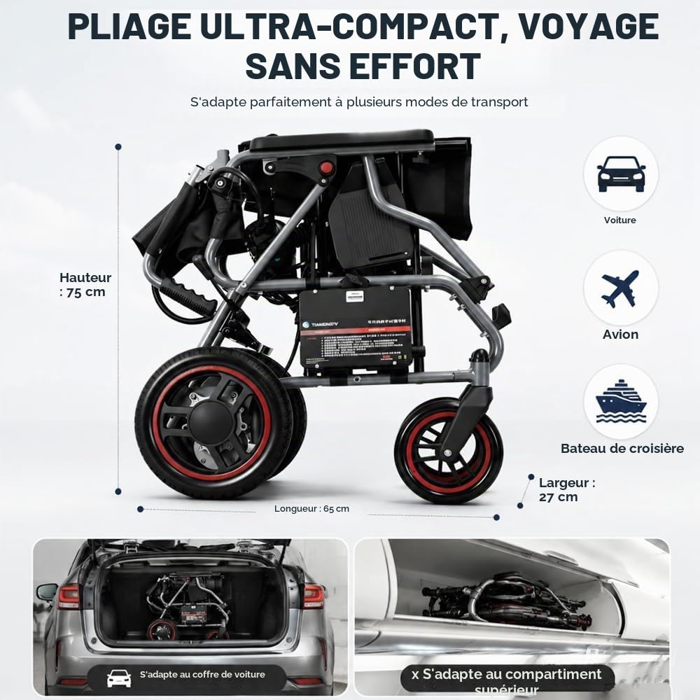 19kg Fauteuil roulant électrique pliable pour adultes, autonomie de 20 km, Fauteuil Roulant Électrique Tout-Terrain Pour Personnes Âgées, Supporte Jusqu’à 150Kg, Noir