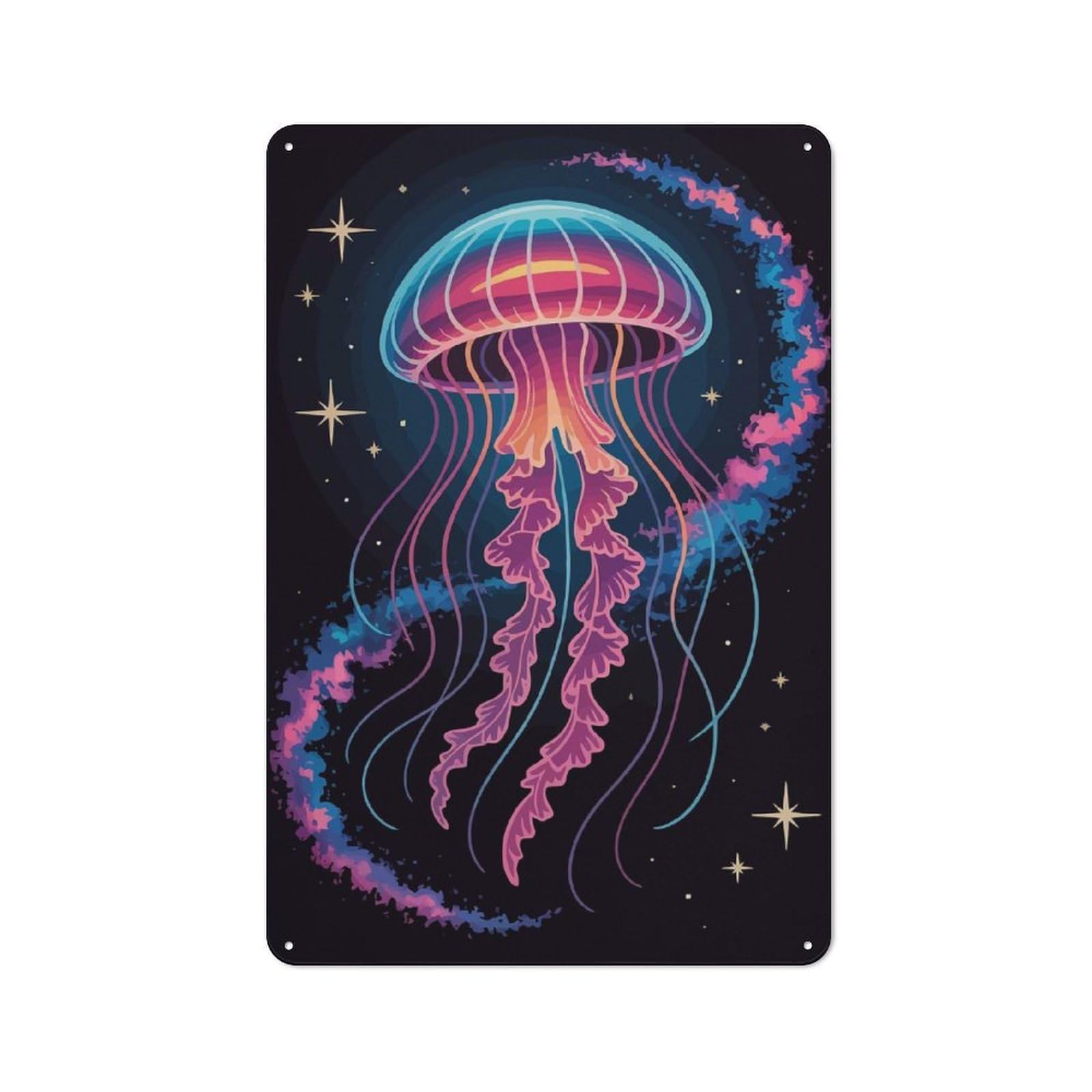 Junmoney Neon Jellyfish In Space Illustration Retro Metal Wall Sign 30X20cm Featuring For Hallway Wall, For Garage, Workshop And Man Cave Decoration