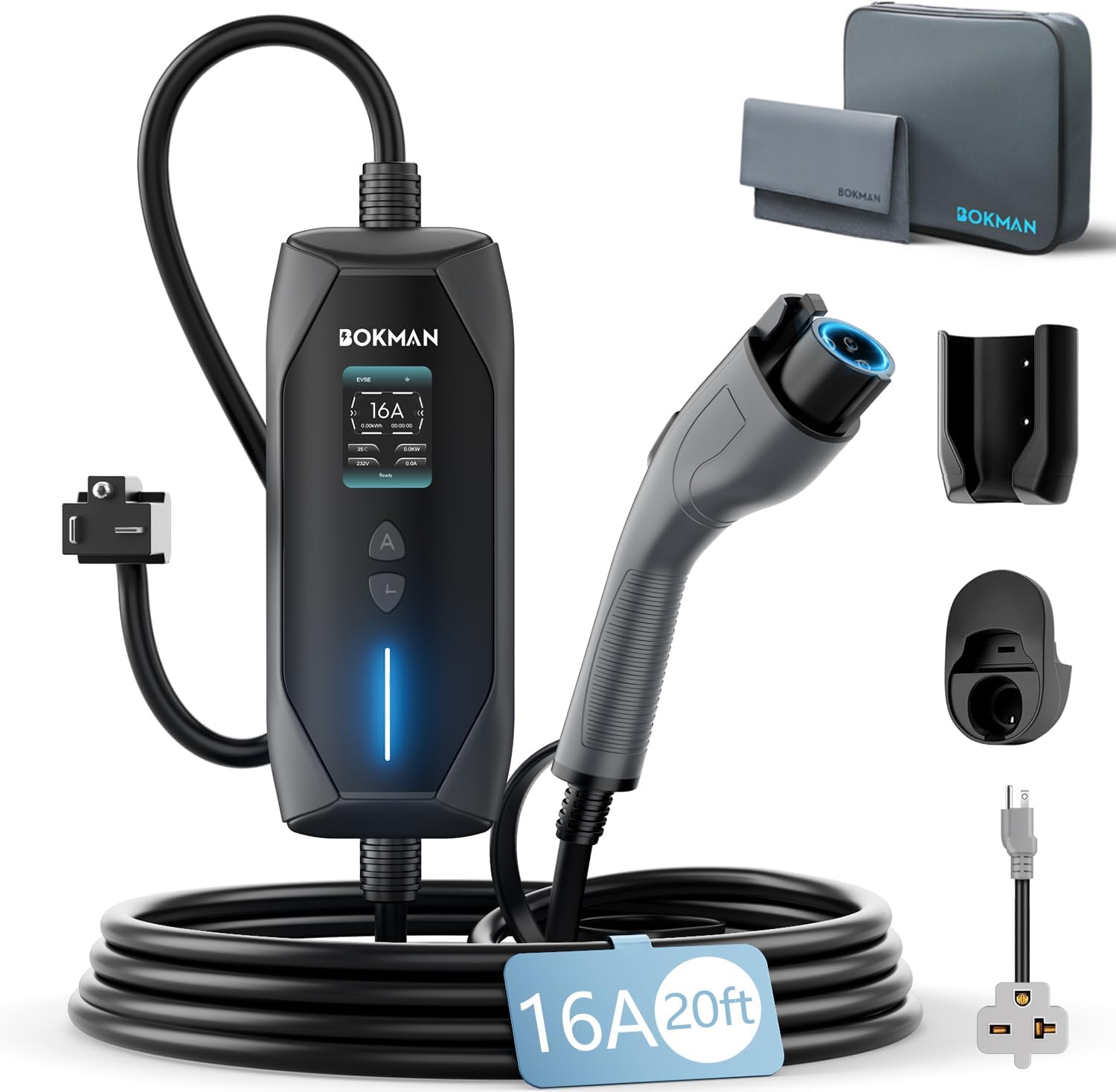 Product image of bokman Portable Level 2 EV Charger (240V, 16A), 20ft Cable and NEMA 6-20 Plug and NEMA 5-15 Adapter for Household Socket, Current Adjustable 6-16Amp (J1772 Connector)
