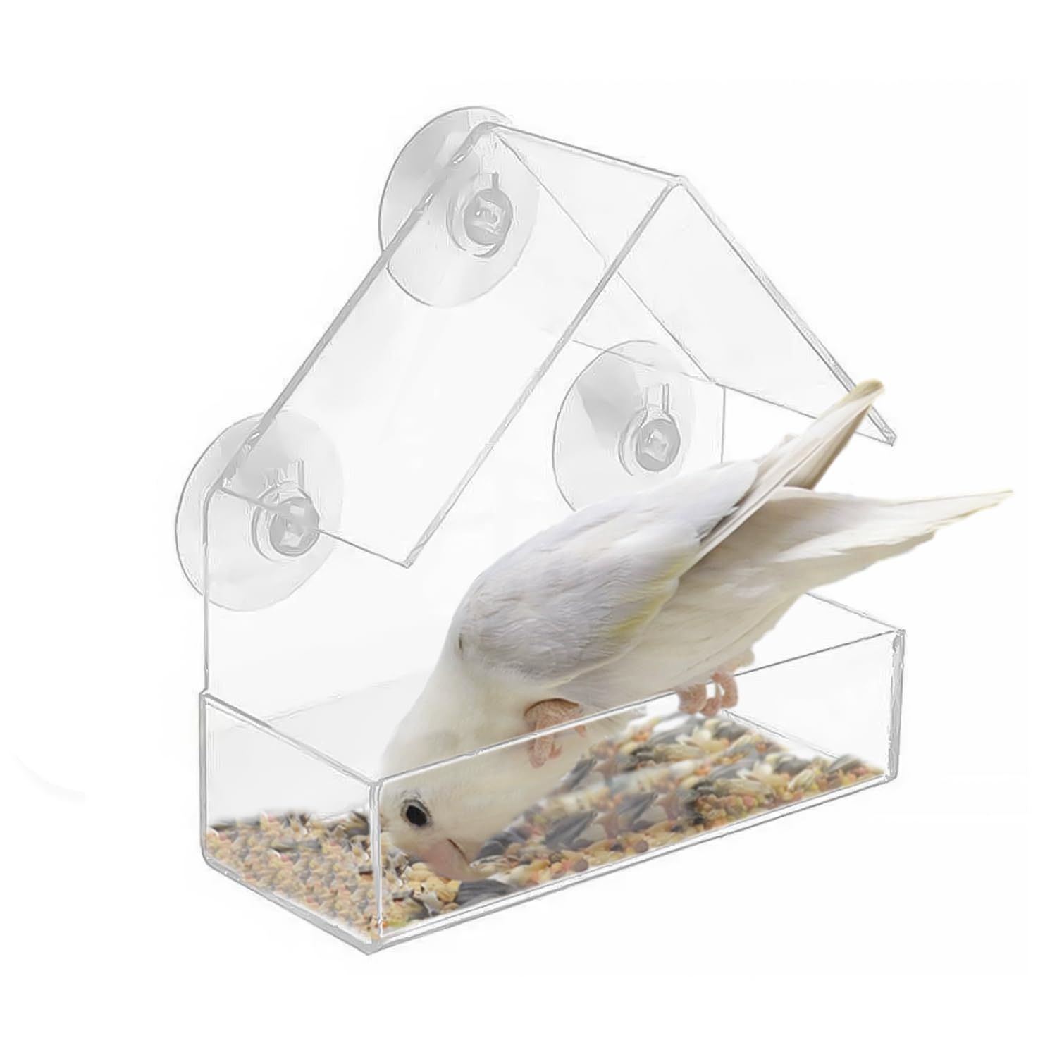 1 comedero triangular para pájaros en el techo, comedero para ventana transparente, casa para pájaros exterior de acrílico con ventosa, adecuada para alimentar aves silvestres y pájaros de mascotas