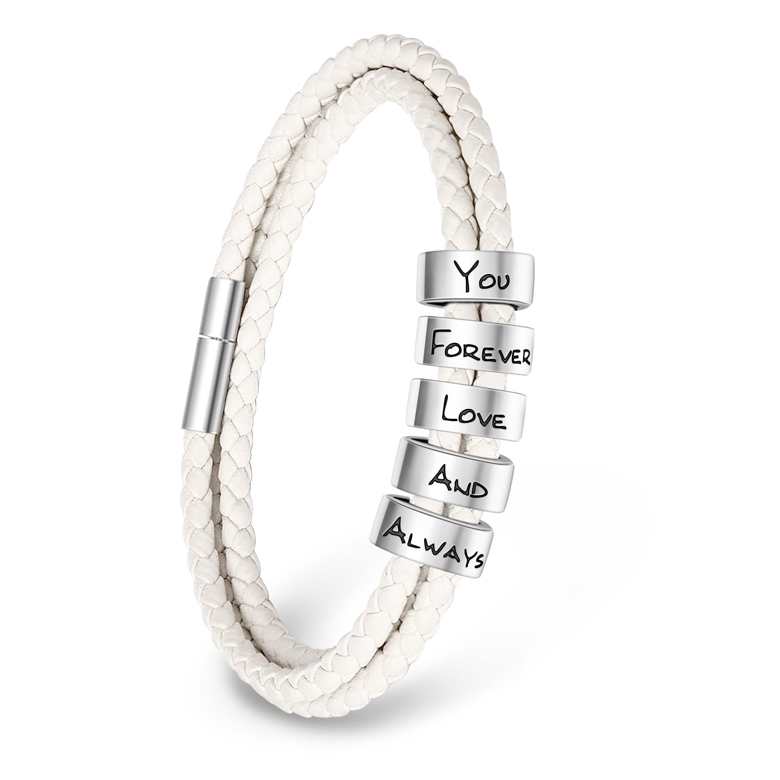 ShineSand Personalized Mens Leather Bracelet with Custom Beads, Customized Braid Leather Bracelet Engraved with Names for Men