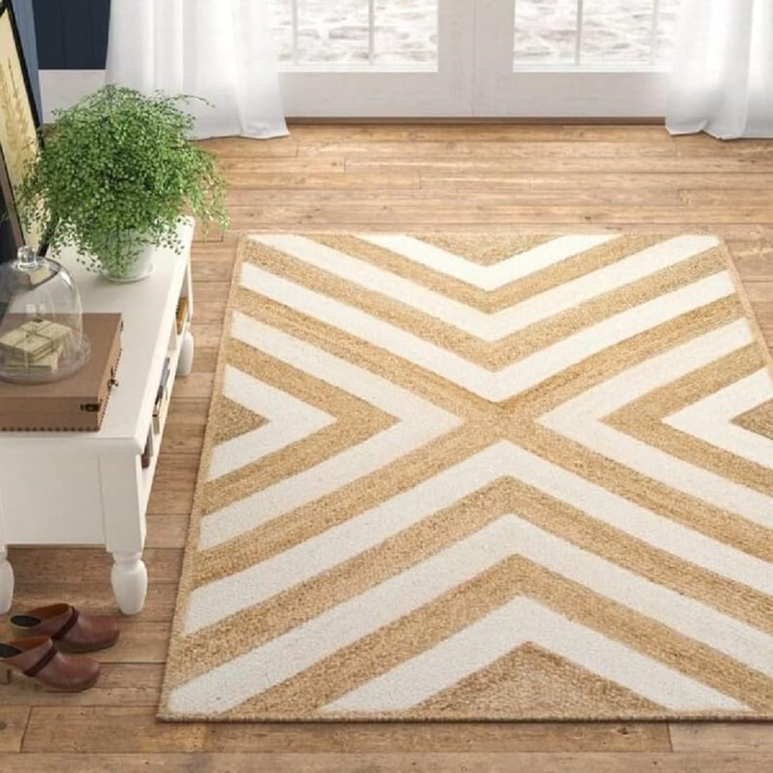 Traditional Jute Area Rug/Carpet for Living Room, Home Decor Floor Carpet, Modern Design, White Cross - 2x3 feet-image-47