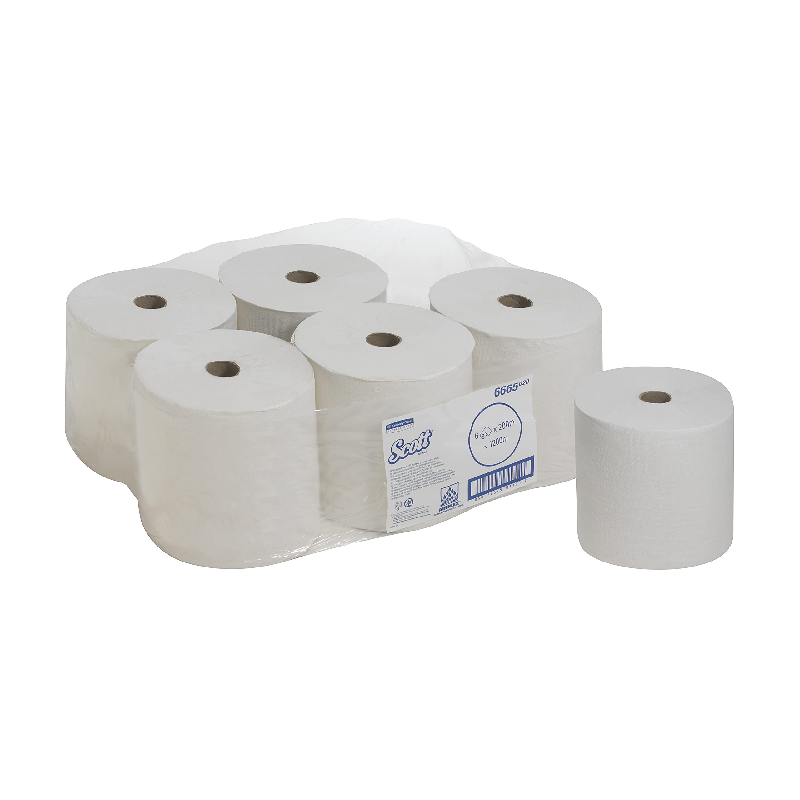 Scott Performance Toallas secamanos 6665 - Hoja de 200 m blanca de 1 capa por rollo (la caja contiene 6 rollos)