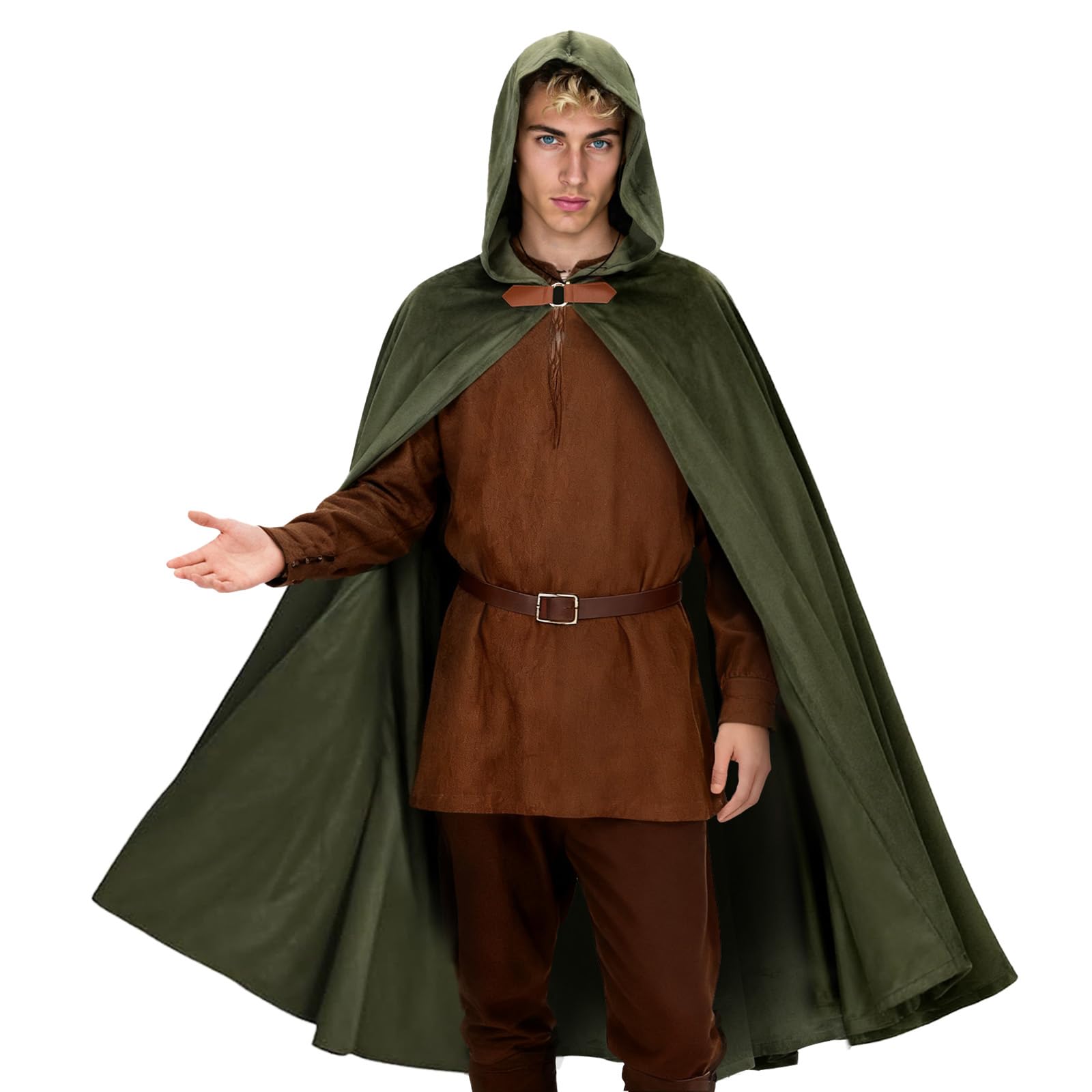 nezababy Medieval Cloak With Hood Renaissance Velvet Cape Ren Faire Fantasy Elf Cape Victorian Ren Faire Viking Costume (Green, 100 cm)