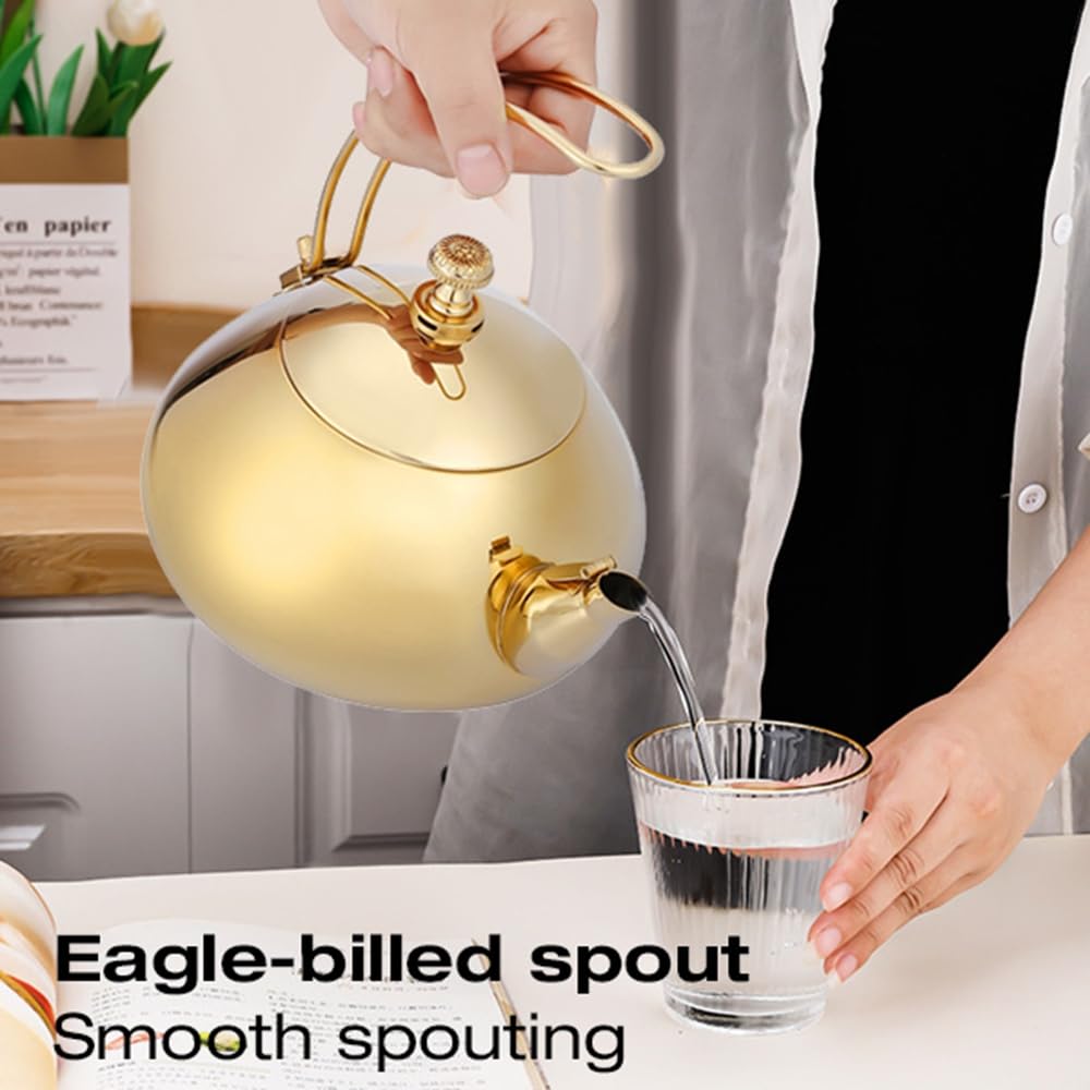 Gold Tea Pot, 1.5L Stainless Steel Teapot Induction Cooker Teakettle Fast Water Heating Boiling Pot with Tea Strainer (Golden)