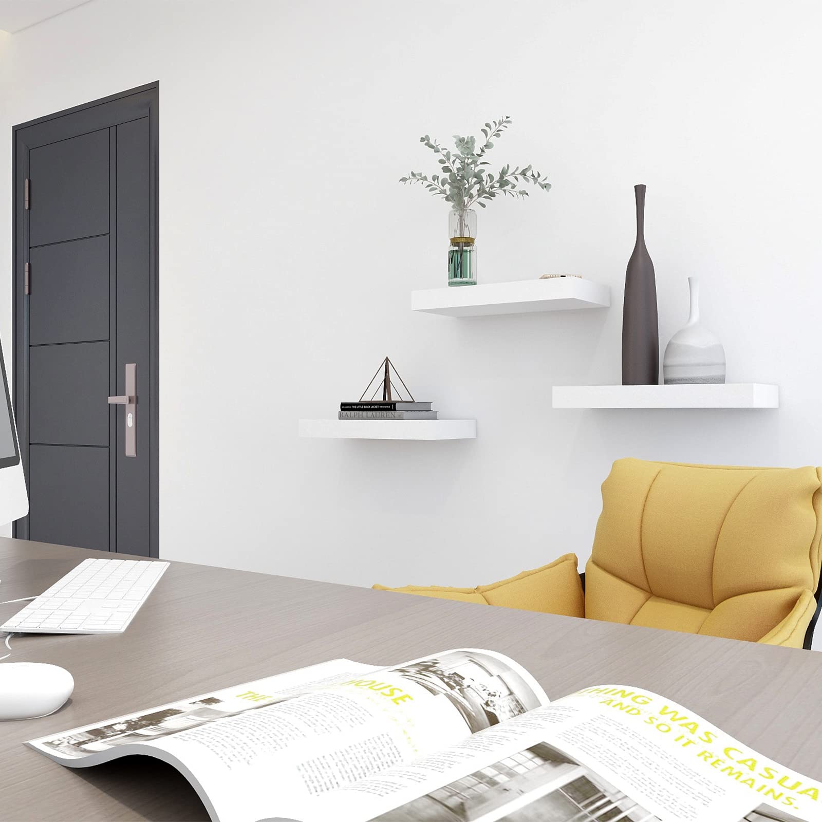 JENGRYOE Floating Shelves Wall Storage, 15 inch Wall Mounted Shelves Set of 3, Wood Hanging Book Shelf for Living Room, Bathroom, Bedroom, Kitchen, Over Toilet Home Decor, Holder Display (White)