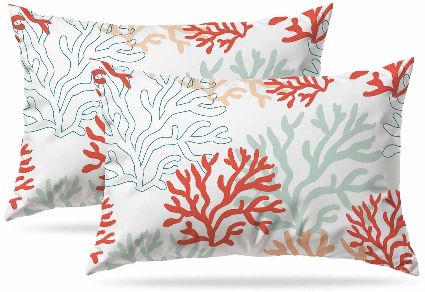 Zovinex Red Pink Corals Set Of 2 Pack Cushion Cover, Red Pink And Mint Corals Tropical Reef Nautical Soft Short Plush Pillow Covers, Rectangle Throw Pillowcase With Invisible Zipper For Sofa & Couch 30 X 50 Cm