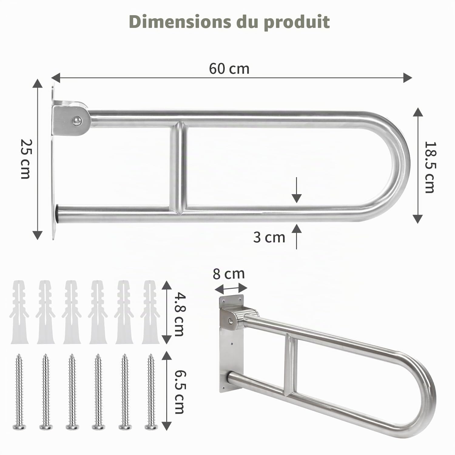 Barre d'Appui WC Handicapé, 60cm, Pliable, Acier Inoxydable