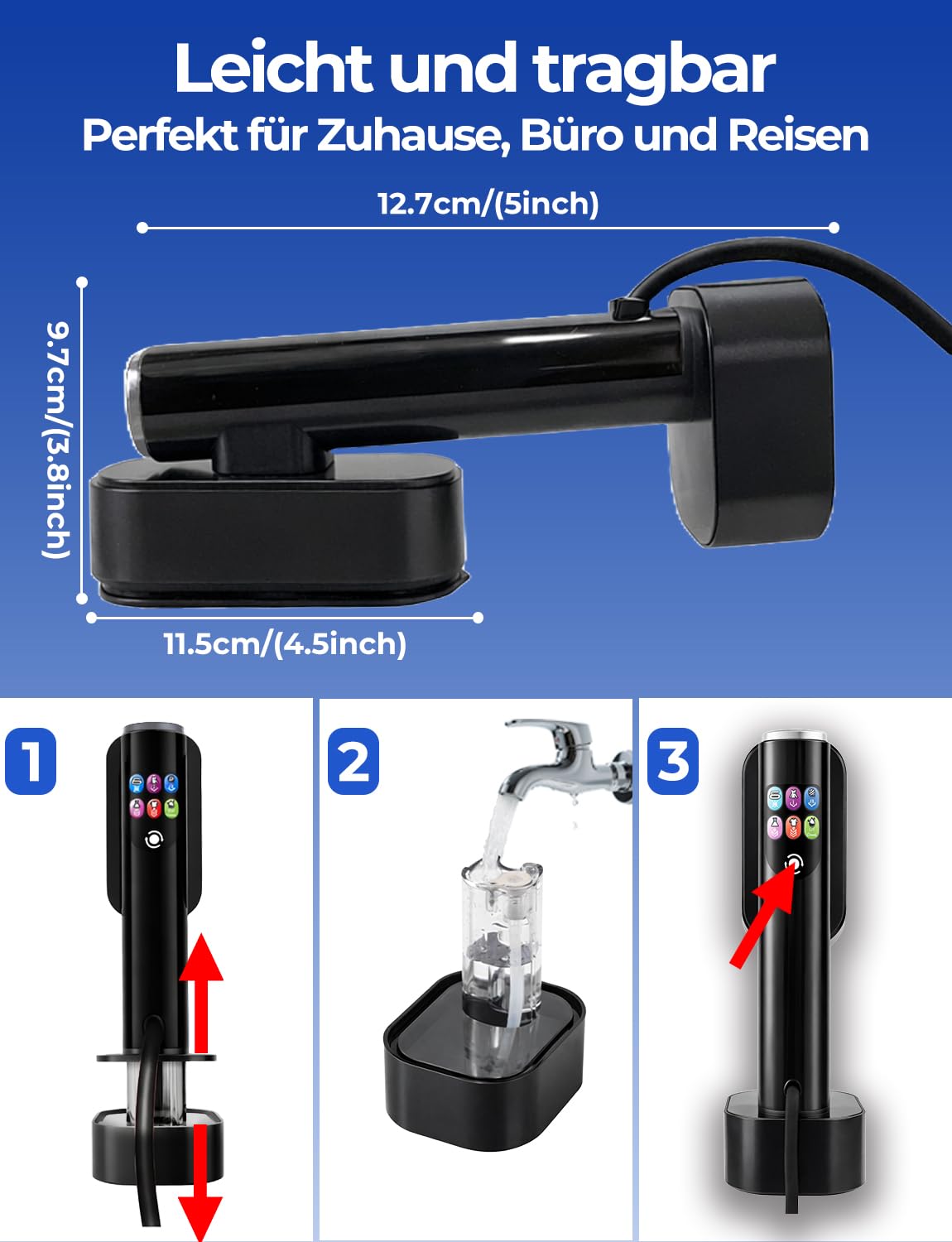 Plancha de vapor Steamer Mini 1300 W, plancha de viaje, 2 en 1, calentamiento rápido de 15 segundos, depósito de agua de 190 ml, 6 modos (5 vapor+1 seco), con pantalla LED, para casa, viajes y