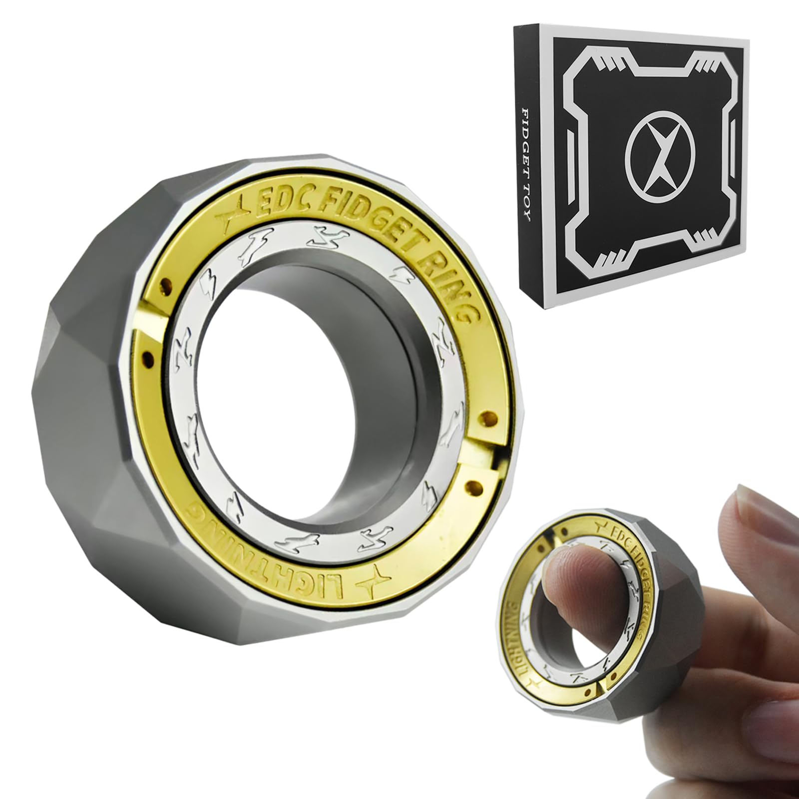 Fidget Toys Adults, Dual Mode Silent Fidget Spinner & Fidget Ring, Stainless Steel EDC Fidgets gadgets for Stress Relief, Anxiety & Focus, Gifts for Men & Women (Silver B)