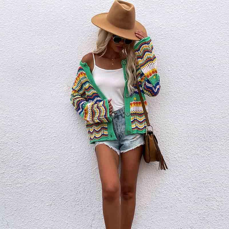 Autumn and Winter Rainbow Striped Sweater Loose Knit Sweater Women's Sweater Cardigan2