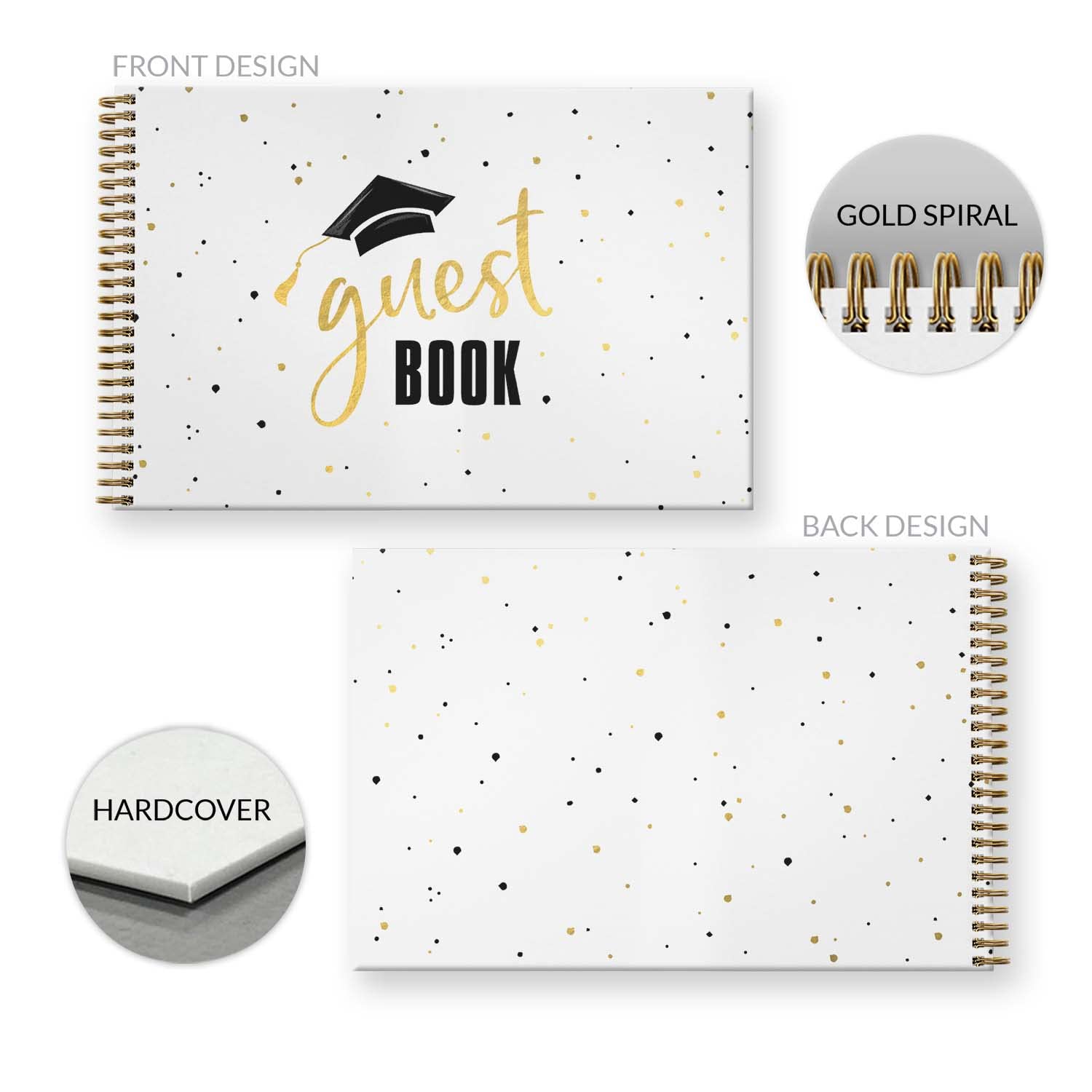 Hardcover Black Faux Gold Graduation Guestbook / 120 Lined Guest Signature Pages Inside / 5.5