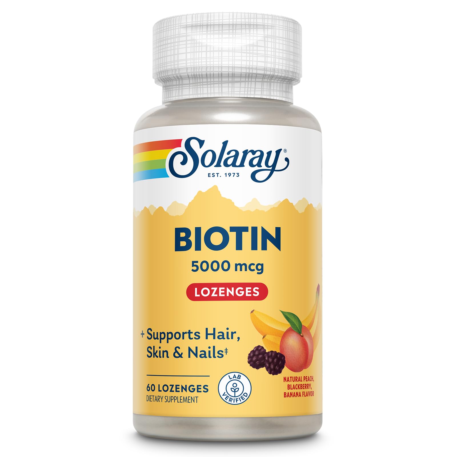 SOLARAY Biotin 5000mcg Lozenges - Biotin Supplement (Vitamin B7) for Hair, Skin and Nails, Cellular Energy Support - Delicious Natural Peach, BlackBerry, Banana Flavor - 60-Day Guarantee, 60 Servings