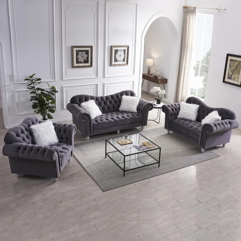 Modern Classic Sofa Couch Fabric & Valvet Tufted Chesterfield Sofa Living Room and Office (Trendy Grey 3+2+1)