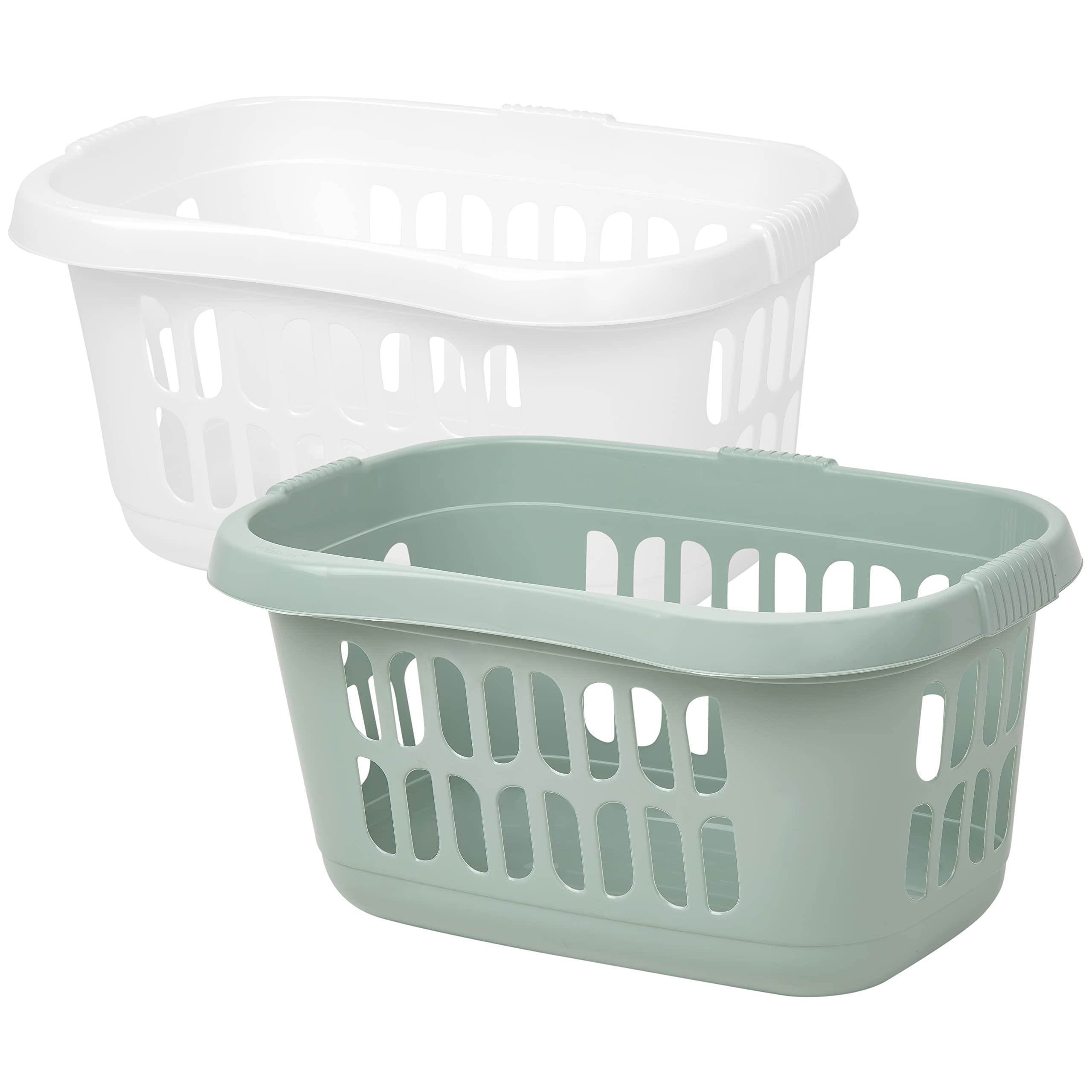 M1SS 60L Litre Ice White + Silver Sage Hipster Laundry Basket Large Plastic Storage Basket Washing Basket For Storage Clothes Laundry Hamper Toys Organiser For Bathroom Household