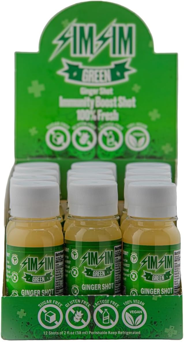 Simsim Green Immunity Shots | Vegan, Gluten Free | Organic Ginger & Lemon | Wellness Shots | Immunity Booster | Cold Pressed - 2 FL OZ (Pack of 12)