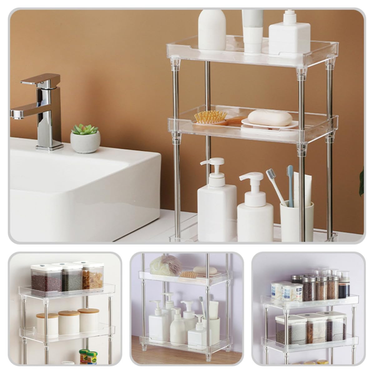 GANAZONO Estante de Almacenamiento Multicapa para cosméticos de Escritorio y Lavabo de baño, para perfumes y Cuidado de la Piel, PS y Acero Inoxidable, Mantiene Limpio y ordenado