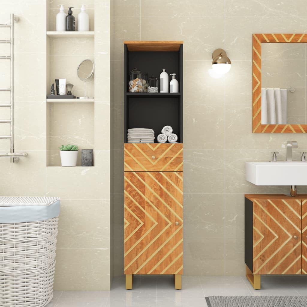 Badschrank aus Massivholz Mango in Braun und Schwarz mit Aufbewahrung für das Badezimmer 160 cm hoch