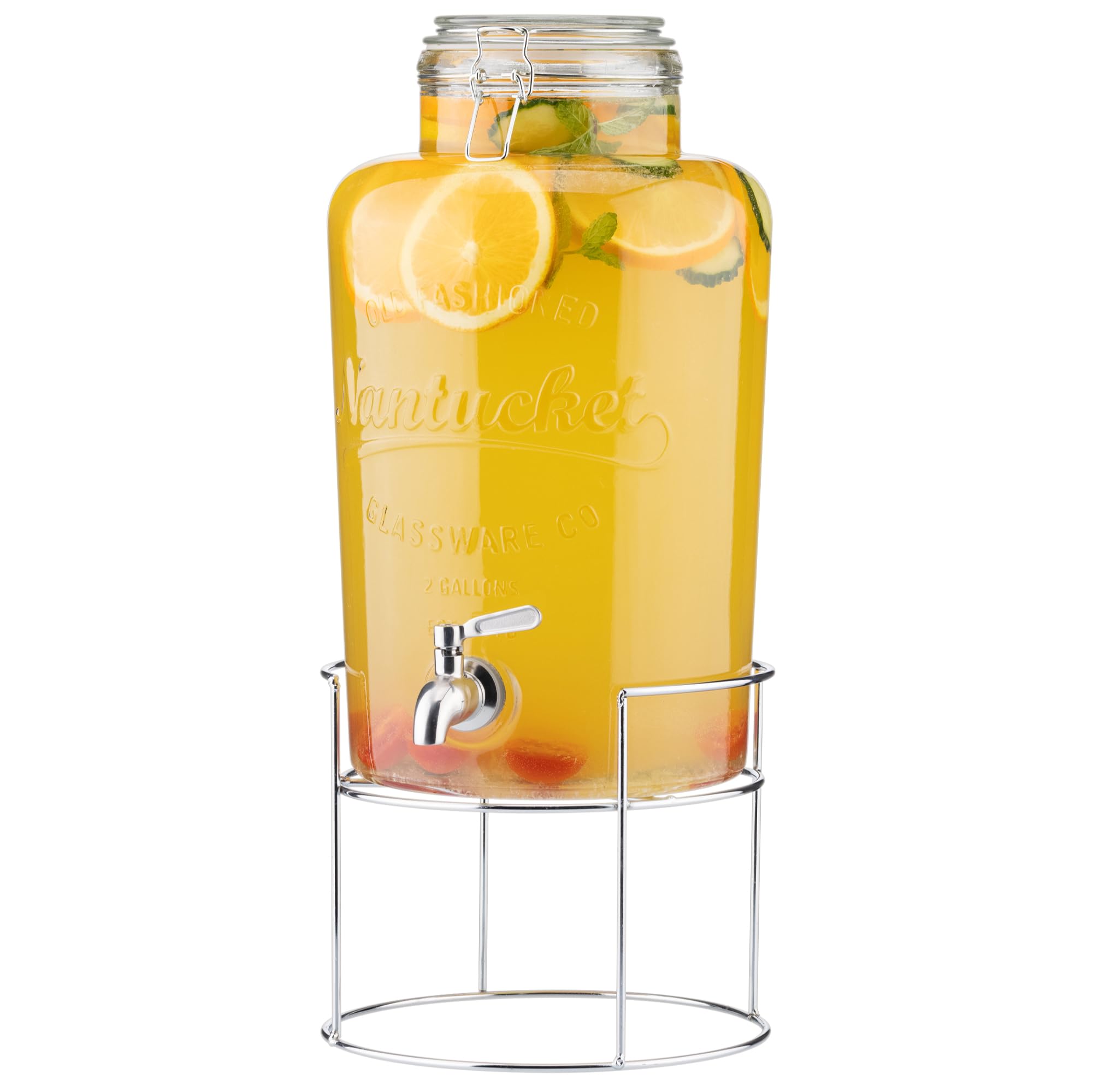 Navaris Dispensador de Bebidas con Grifo 8L - Garrafa con Grifo de Vidrio con Tapa y Cierre Giratorio de Acero Inoxidable - Dispensador de Agua Cristal para Zumo Sangria Vino