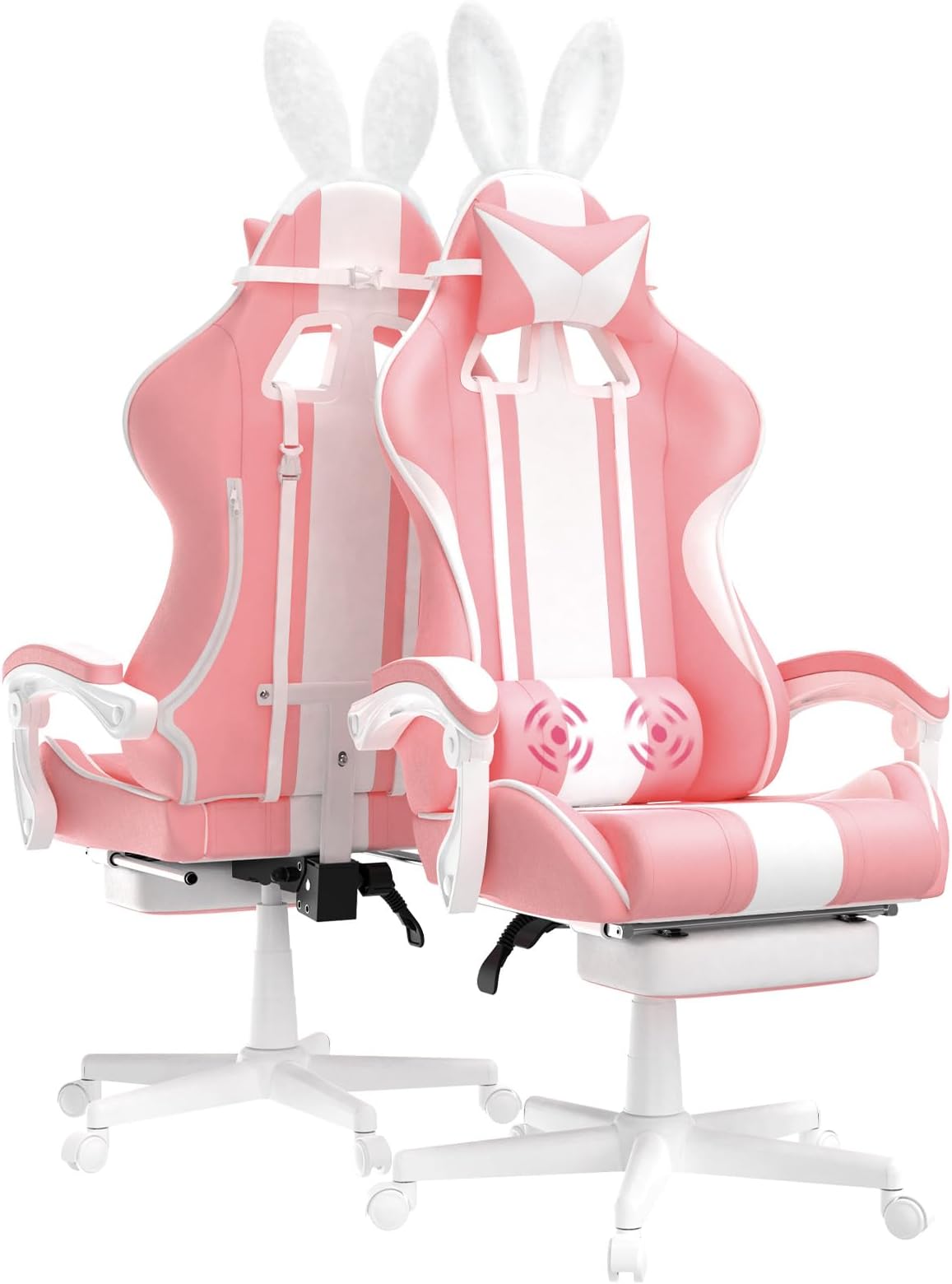 Kawaii Pink Gaming Chair with Bunny Ears, Ergonomic Cute Gamer Chair with Footrest and Massage, Racing Reclining Leather Office Computer Game Chair 250lbs for Girls Adults Teens Kids