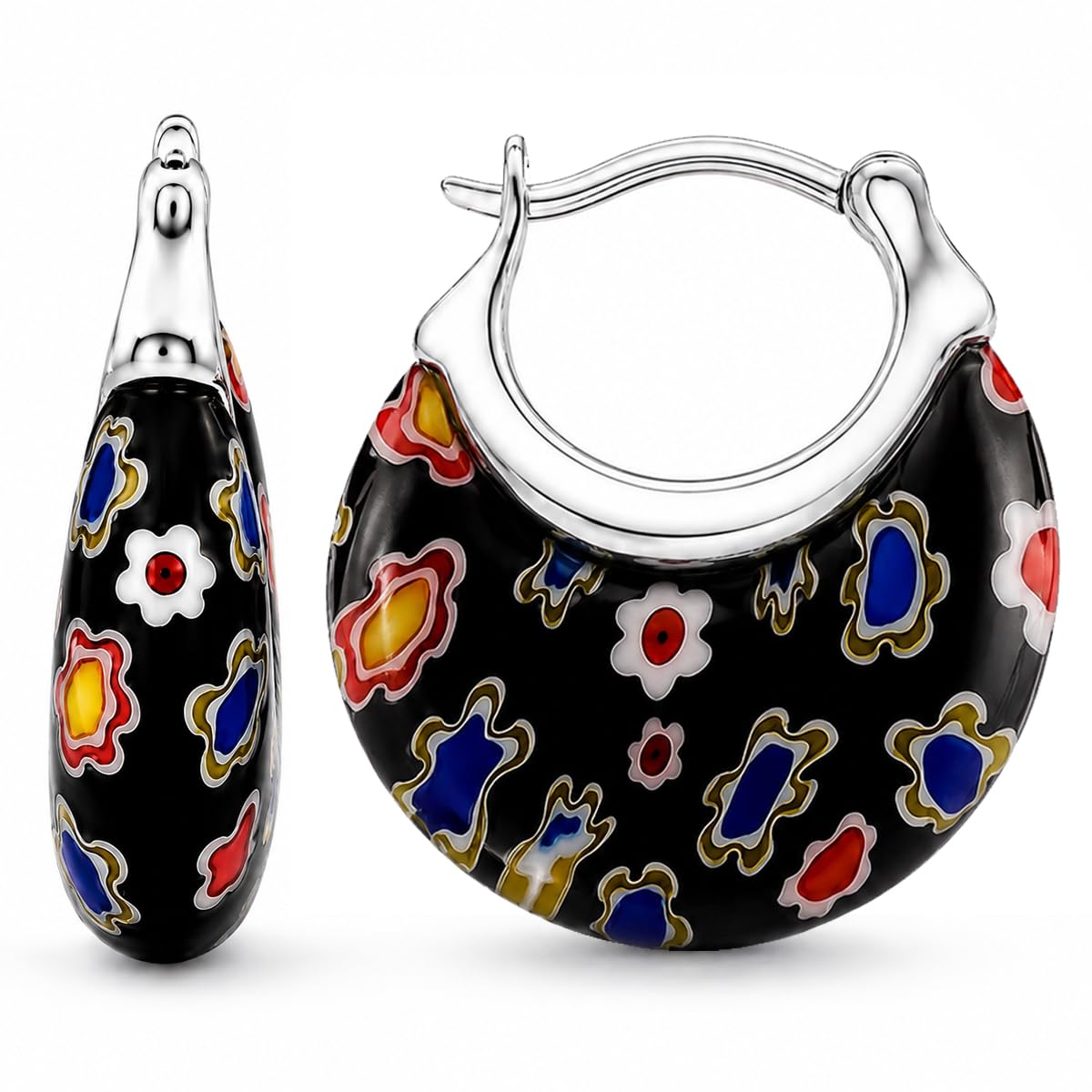 Murano Style Millefiori Glass Hoop Earrings for Women