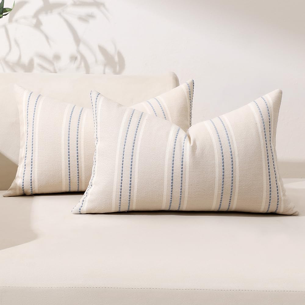 Hckot Dusty Blue Throw Pillows Covers 12x20 Linen Stripe Pillow Covers