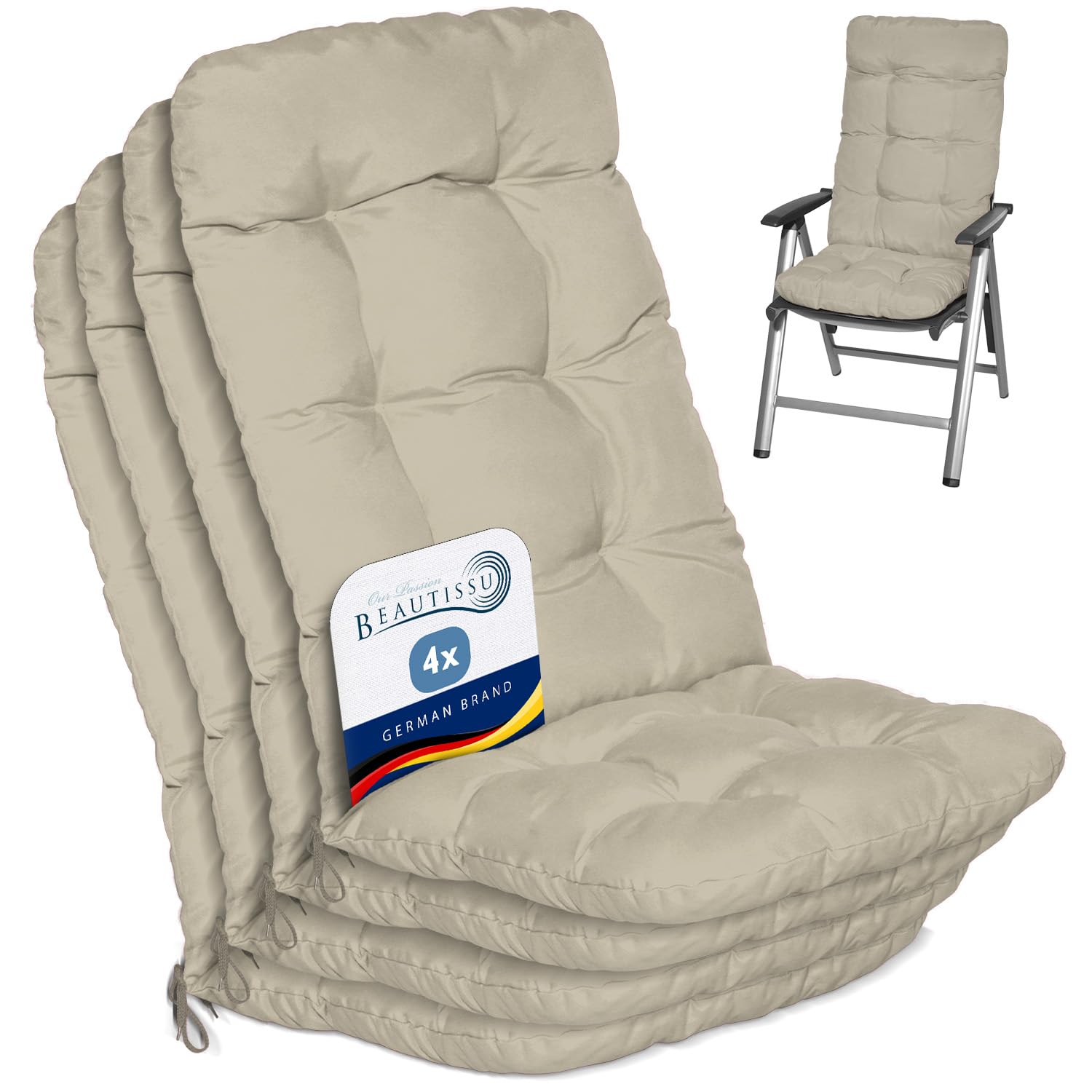 Beautissu Set di 4 Cuscini per Sedia a Sdraio Flair HL 120x50x8cm Extra Comfort per sedie reclinabili, spiaggine e poltrone - Beige