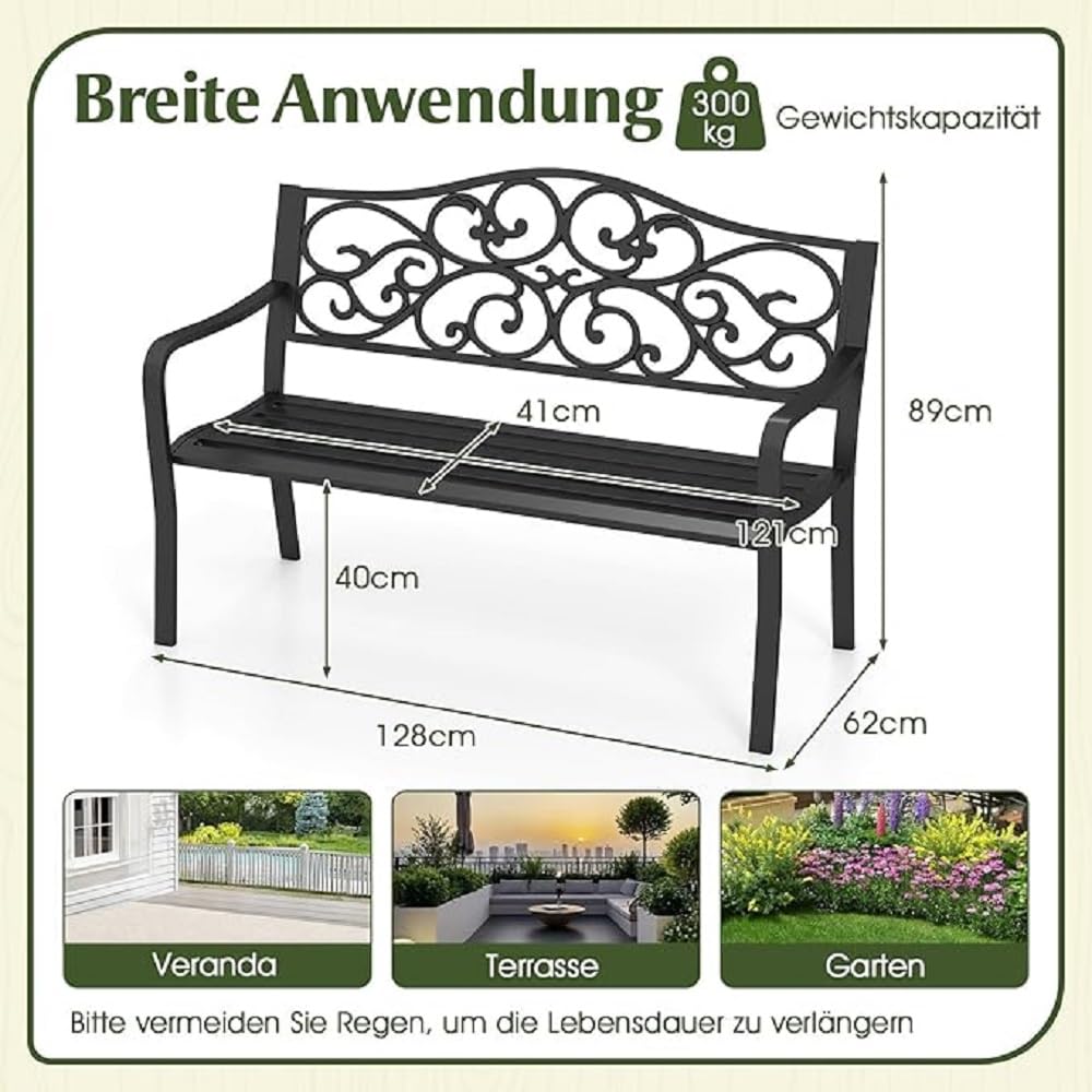 GOPLUS Gartenbank Metall, 2-3 Sitzer Parkbank wetterfest bis 300kg belastbar, Terrassenbank mit Rücklehne und Armlehne, Sitzbank Outdoor Antik für Garten Balkon Terrassen, 128 x 62 x 89 cm