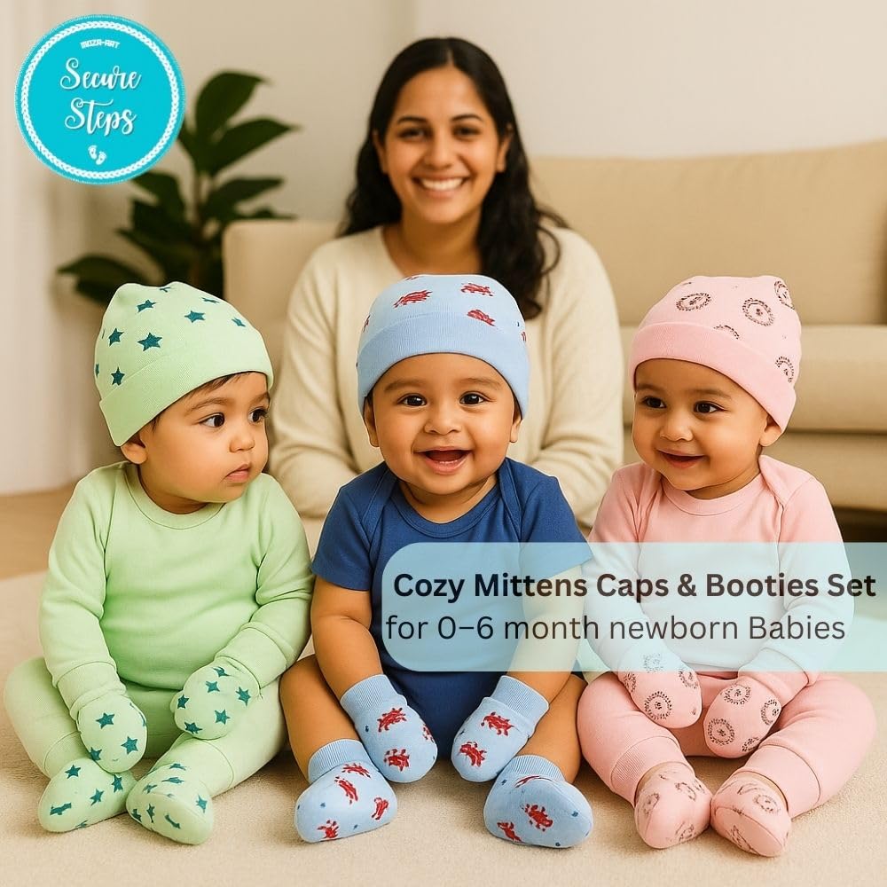 Secure Steps New Born Baby Girl Cap Mittens & Booties Set – Pack of 2 | 100% Cotton Essentials for Infants 0-6 Months | Soft Caps Hand Gloves & Booties Combo for Gifting - Image 4 thumbnail