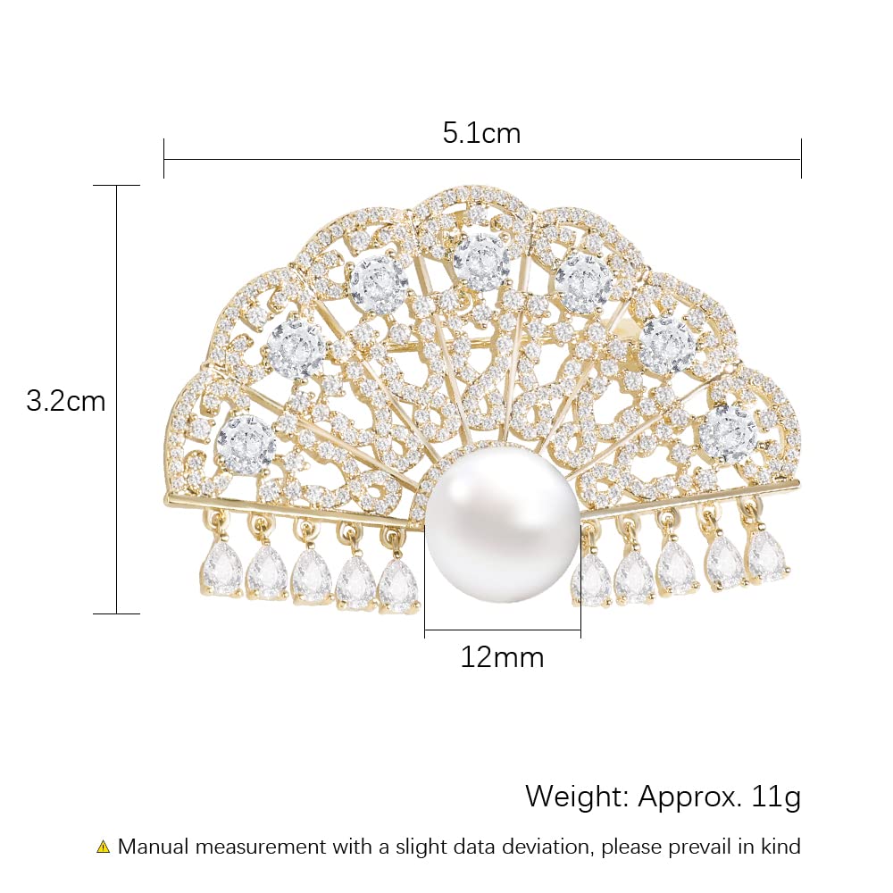 Brosche für Frauen Mode Chinesischer Stil Fan Pin mit Zirkonia Perlen Broschen und Pins Hochzeit Geburtstag Geschenk, Messing, Zirkonia