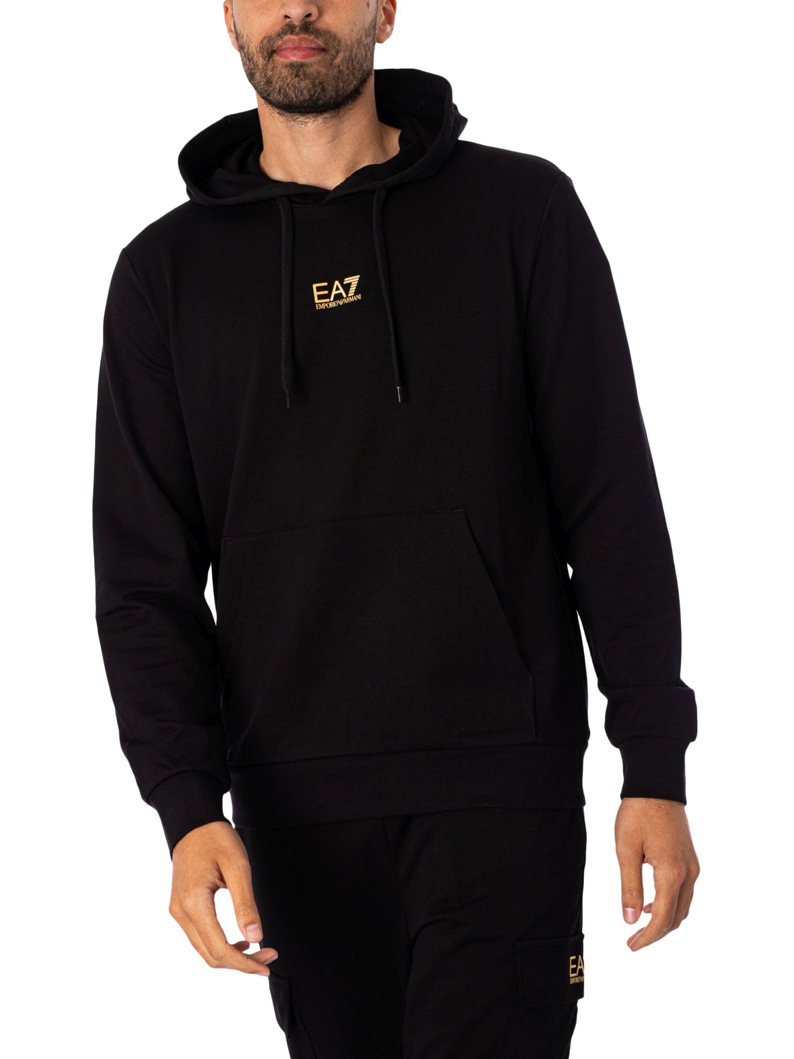EA7 Men's Jersey Pullover Hoodie, Black/Gold, XXL