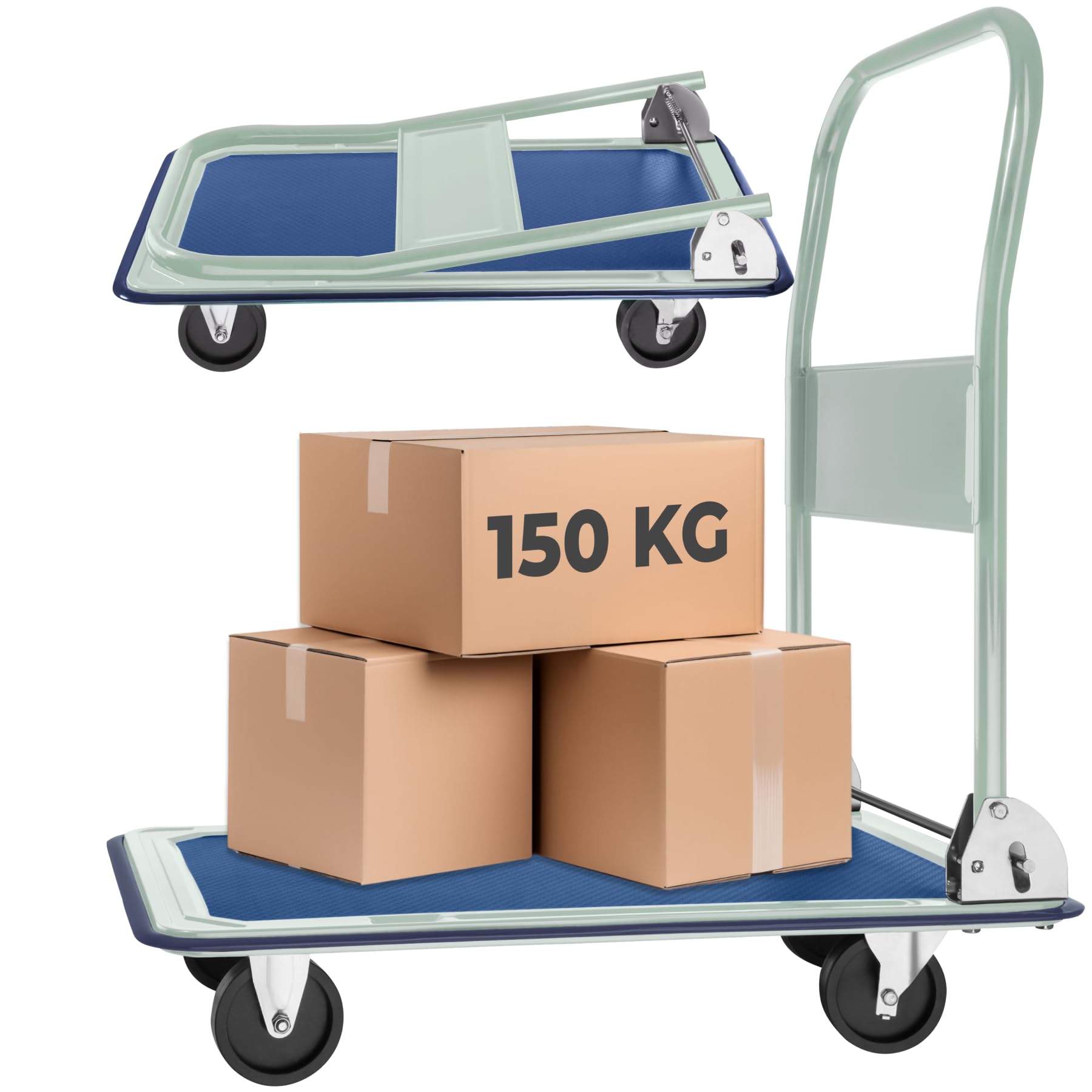 tectake® Carretilla Plegable de Mano 150 Kilos de Carga, Carro Transporte Plegable con 2 Ruedas Fijas y 2 Giratorias, Carrito Transporte con Soporte con Ruedas - 73 x 47 x 83 cm