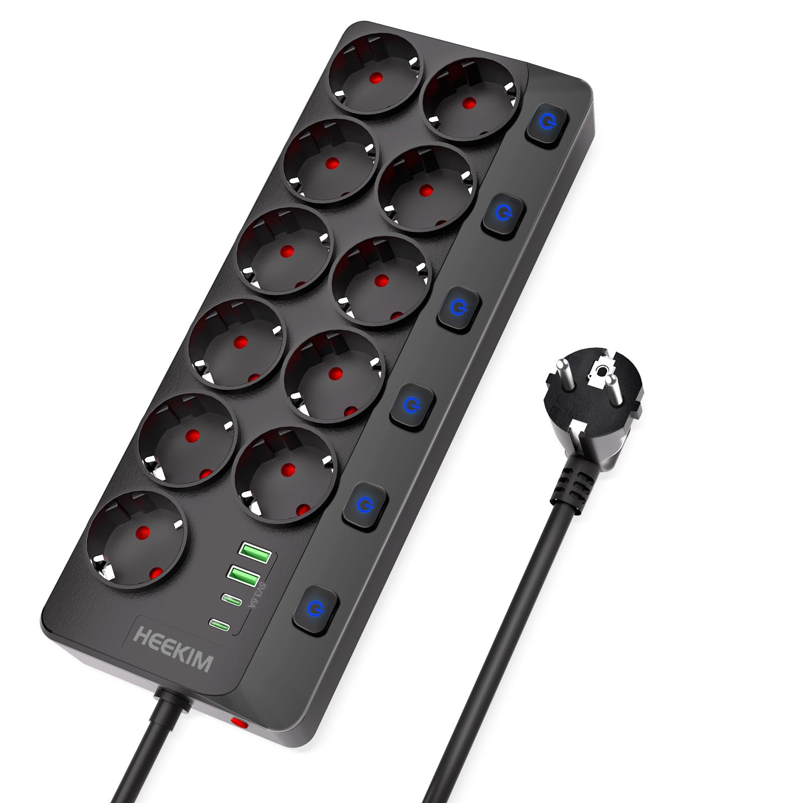 HEEKIM Multiprise, Multiprise Murale Commutable Individuellement 11 Prises avec 2 USB-A et 2 USB-C, 4000W/16A (Noir, 2M)
