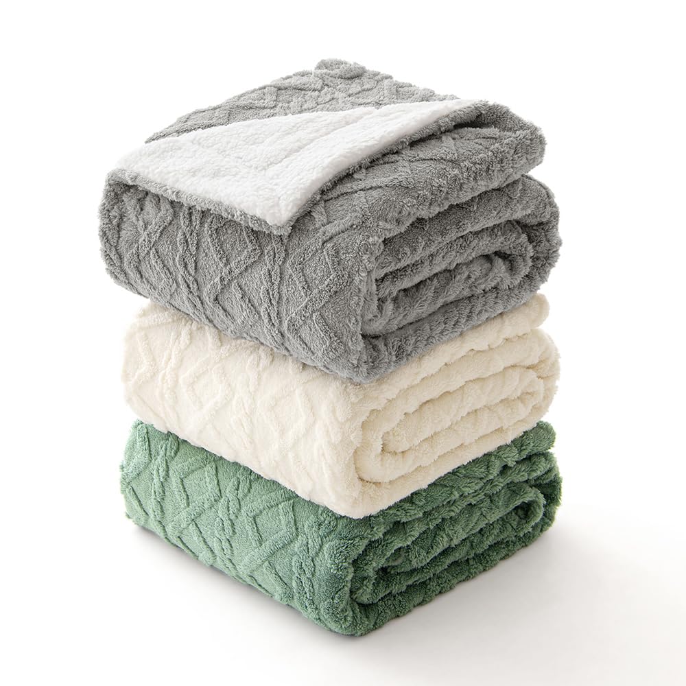 MIULEE Sherpa Blanket for Couch Sofa Chair, Thick Warm Reversible Sherpa Fleece with 3D Stylish Jacquard Weave, Super Soft Cozy Fluffy Plush Fuzzy Throw for All Season, Twin Size 60x80, Cream Beige
