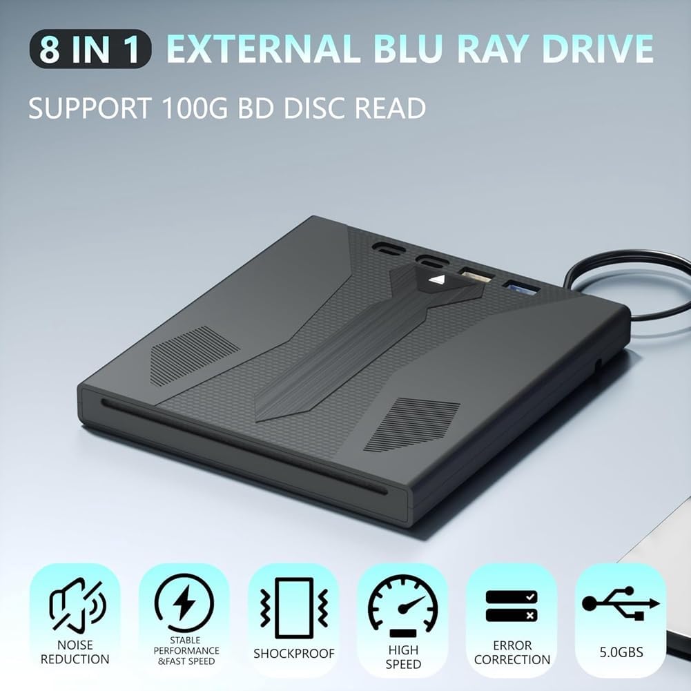 Externer Optischer Blu-Ray-Laufwerk Unterstützt 100G-Disc USB 3.0 und Typ-C DVD/CD/BD-Player für PC, Laptop und Desktop 3D-Optical-Blu-Ray-Laufwerk.