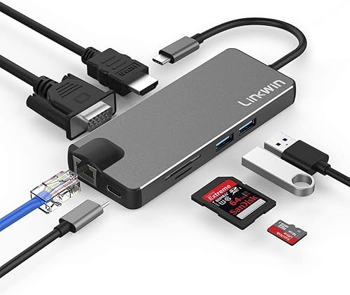 Hub USB C 8 en 1: 4K HDMI, Gigabit Ethernet, carga PD, 2 USB 3.0, VGA, lector de tarjetas SD/TF, compatible con MacBook, ChromeBook