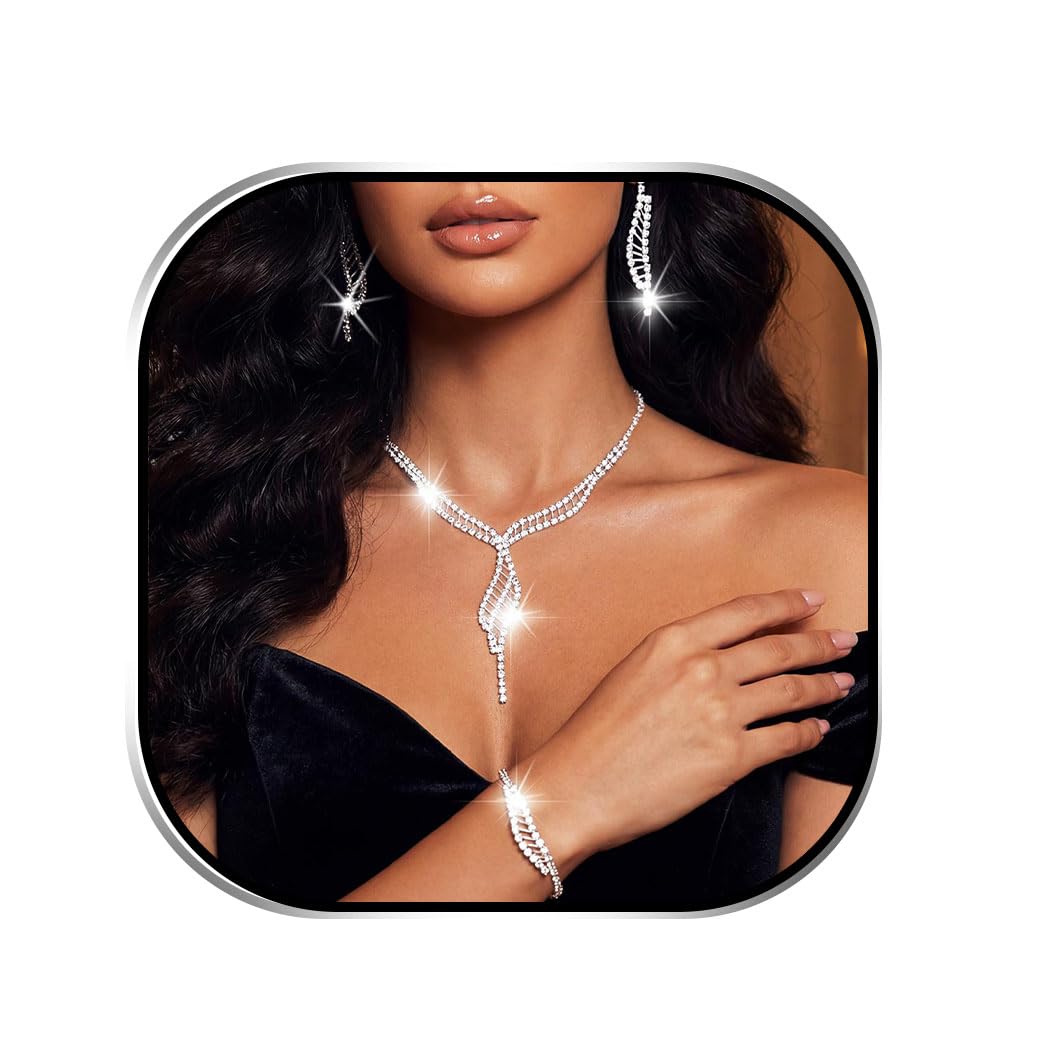 Ushiny Brautschmuck-Set, Silber, glitzernd, Strass, Halskette, Armband, Ohrringe, passend für Hochzeitskleider für Frauen und Mädchen (XT-073)